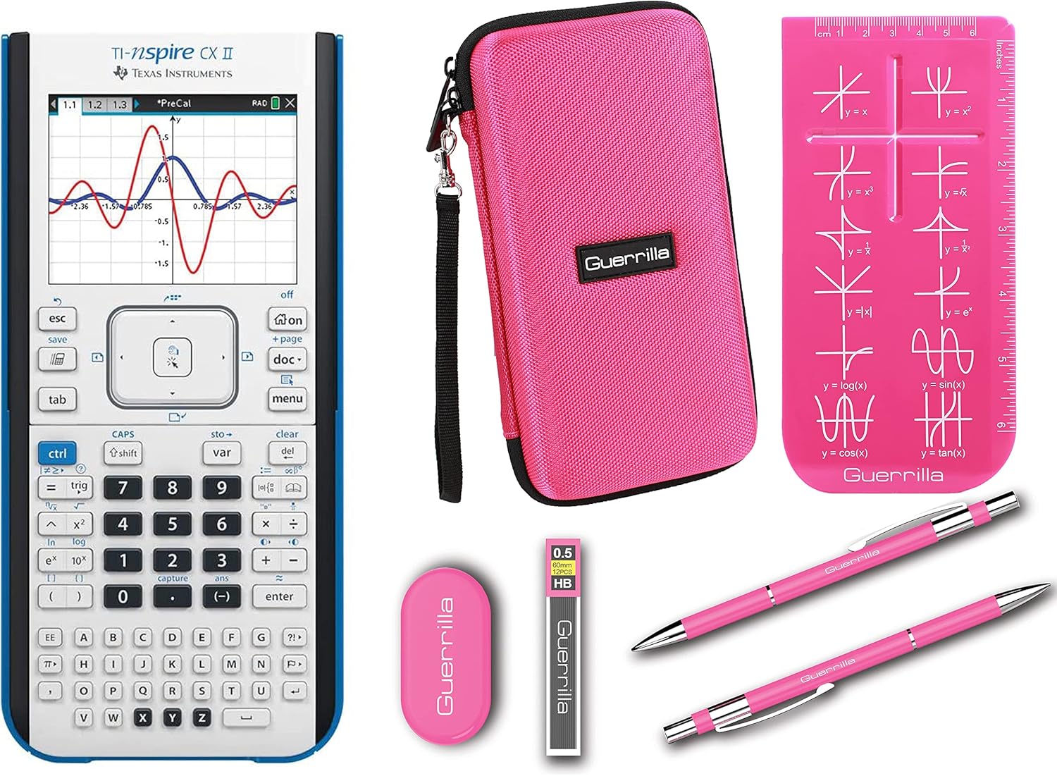 Texas Instruments Ti Nspire CX II Graphing Calculator + Guerrilla Zipper Case + Essential Graphing Calculator Accessory Kit, Black (Pink)