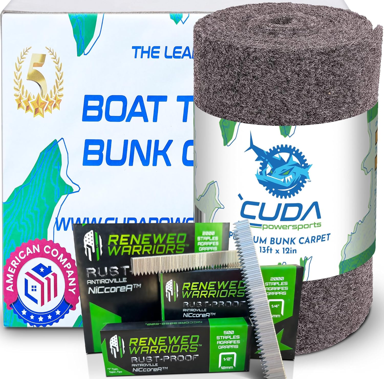 Cuda Powersports Boat Trailer Bunk Carpet – 12in Wide x 13Ft with (500) Rustproof Staples Inside Roll; Marine Carpeting for Boats, Boat Trailer Bunks, Boat Bunk Carpet Bunk Carpet for Boat Trailers