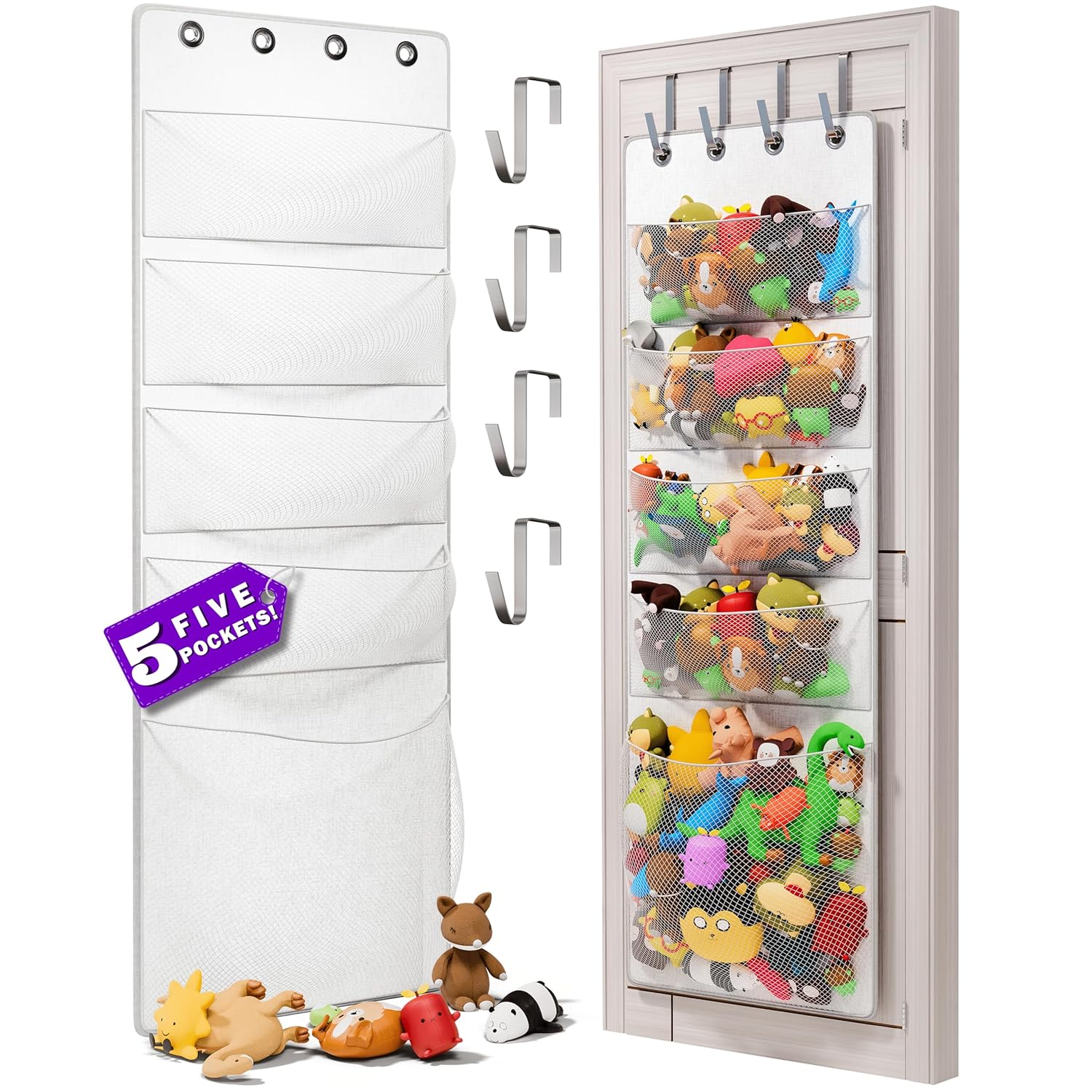 The Original 5-Pocket Over the Door Stuffed Animal Storage Organizer, Perfect for Bedroom Decor, Net, Toy, Barbie, Hanging, Pet, Animals, Holder, Ideas, Stuffie, Stuffed Animal Hammock