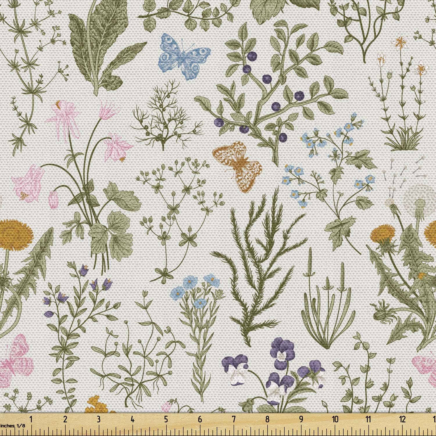 Ambesonne Floral Fabric by The Yard, Vintage Garden Plants Herbs Flowers Botanical Classic Design Art, Decorative Fabric for Upholstery and Home Accents, 1 Yard, Pink Blue