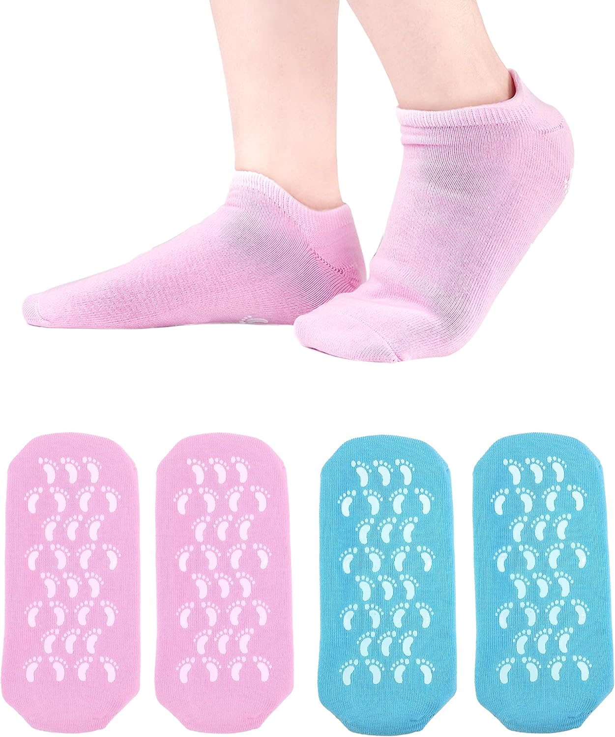 Moisturizing Socks Women 2 Pairs Dry Cracked Feet Lotion Socks Foot Moisturizing Socks Silicone Socks Foot Care Heel Socks Spa Socks (Blue and Pink)