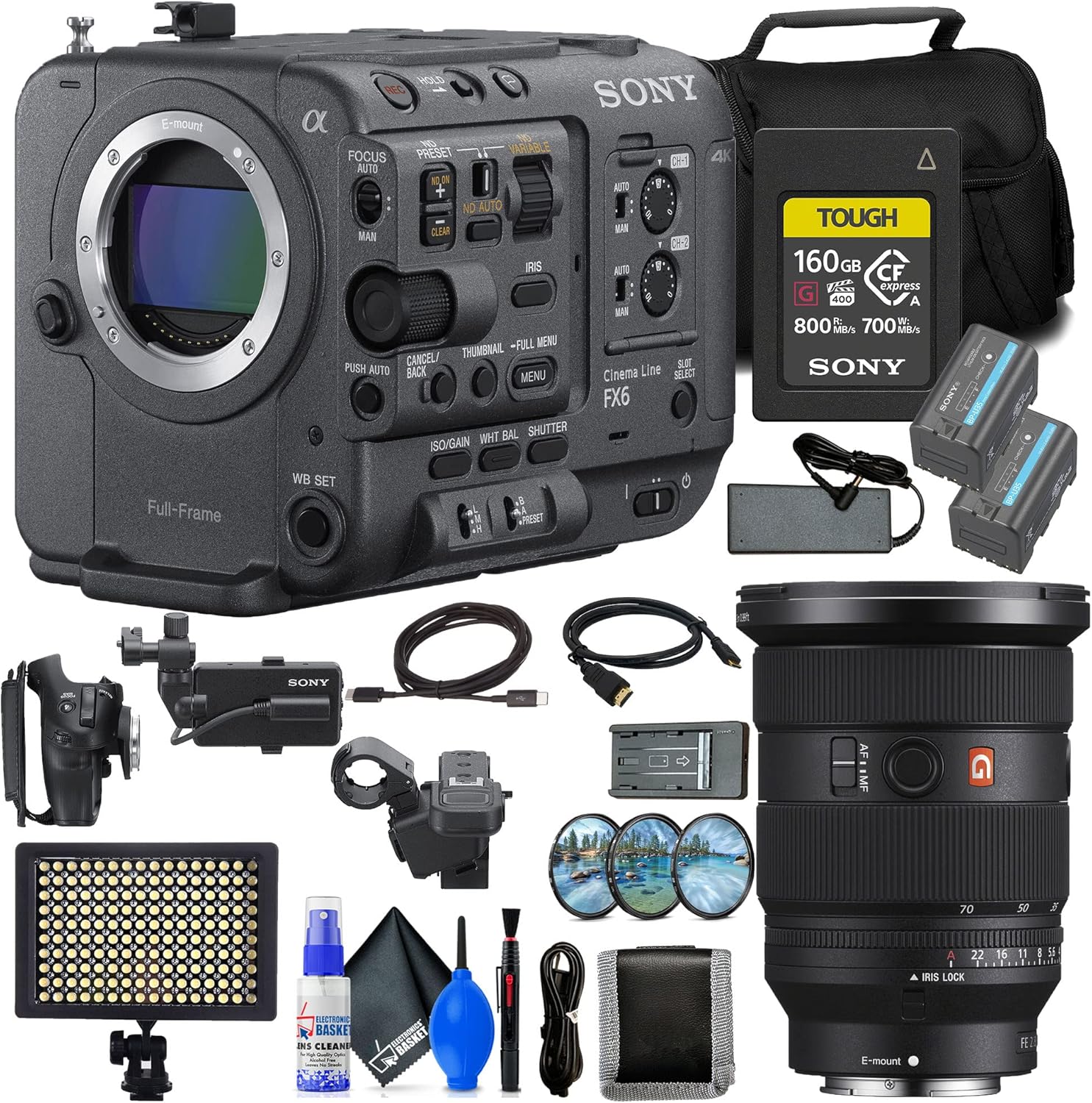 Sony FX6 Full-Frame Cinema Camera (Body Only) (ILME-FX6V) + Sony FE 24-70mm Lens + 160GB Memory Card + BP-U35 Battery + Filter Kit + Bag + Memory Wallet + Cleaning Kit + HDMI Cable (Renewed)