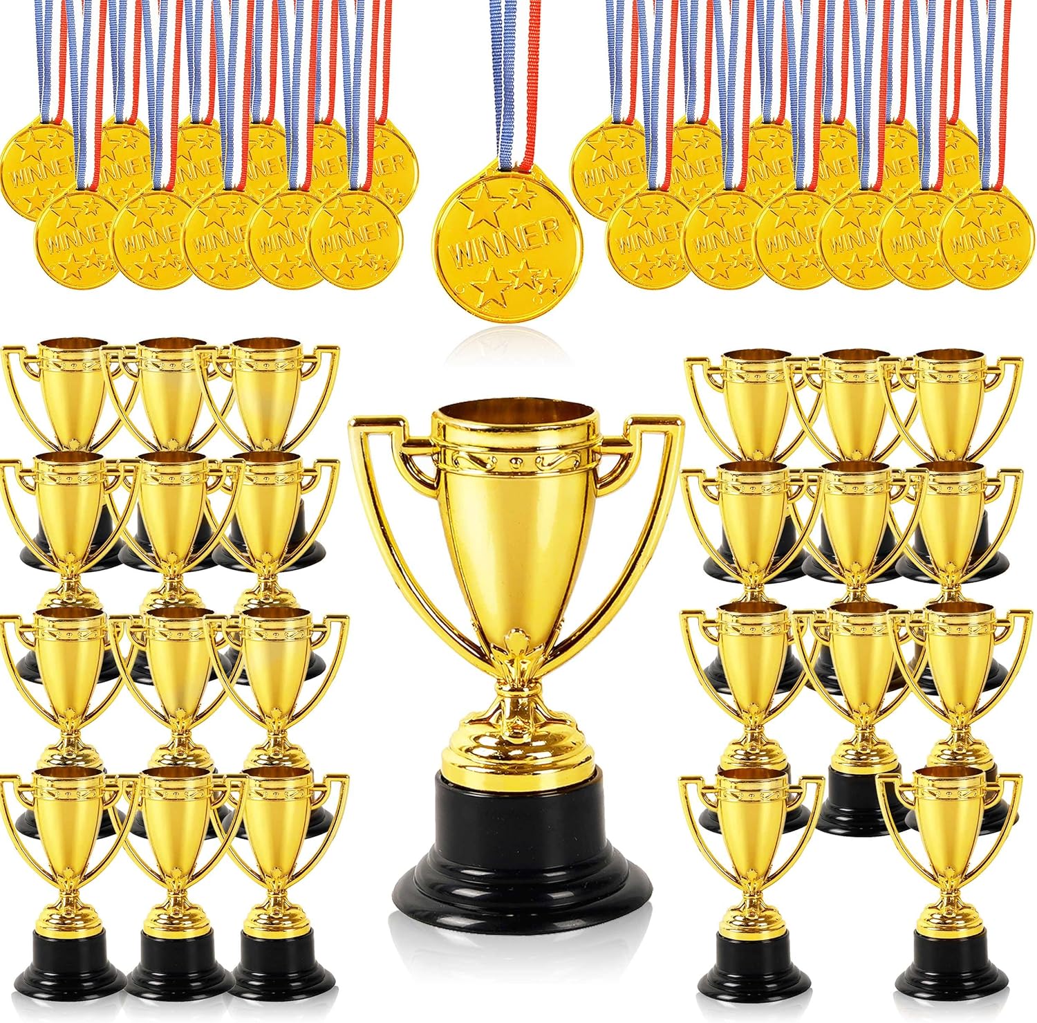 48 Pcs Mini Trophies and Medals Awards – 24 Pack 3.5 Inch Gold Plastic Trophy Cup and 24 PCS Shiny Golden Winner Medals for Kids and Adults – Perfect for Party Favors Halloween and Decorations