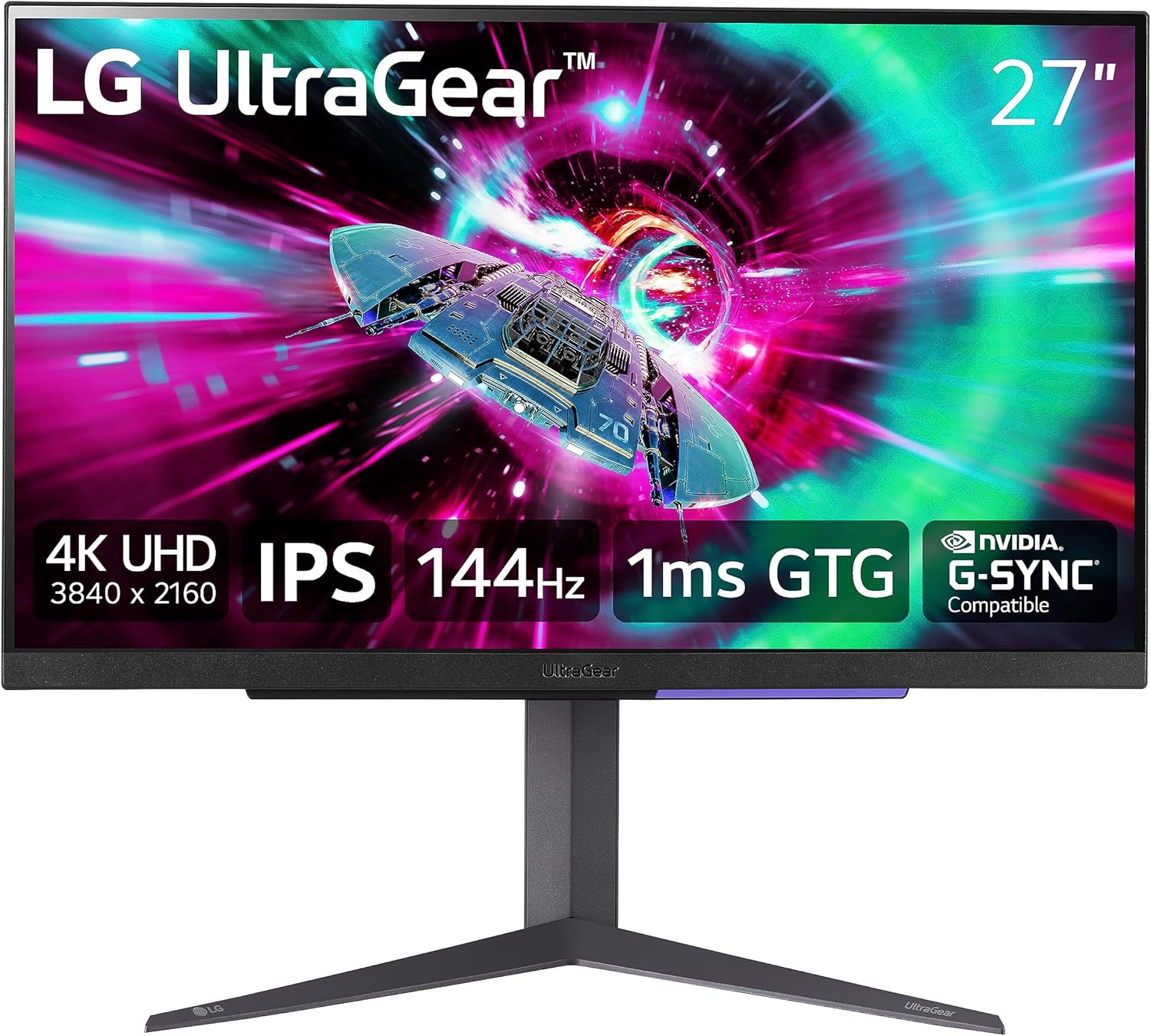 LG 27″ UltraGear 4K UHD (3840×2160) Gaming Monitor, 144Hz, 1ms, VESA DisplayHDR 400, G-SYNC and AMD FreeSync Premium, HDMI 2.1, DisplayPort, 4-Pole HP Out DTS HP:X, Tilt/Height/Pivot Stand, Black