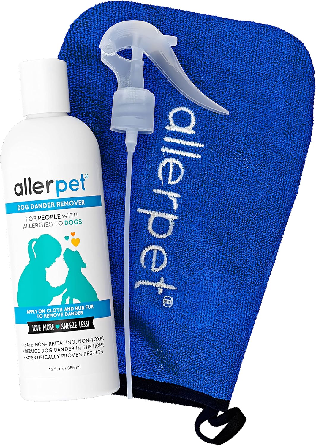 Allerpet Dog Dander Remover w/Free Applicator Mitt & Sprayer – Best Pet Dander Remover for Allergens – for Canine Dry Skin Treatment – Good for Fur & Skin – (12oz)