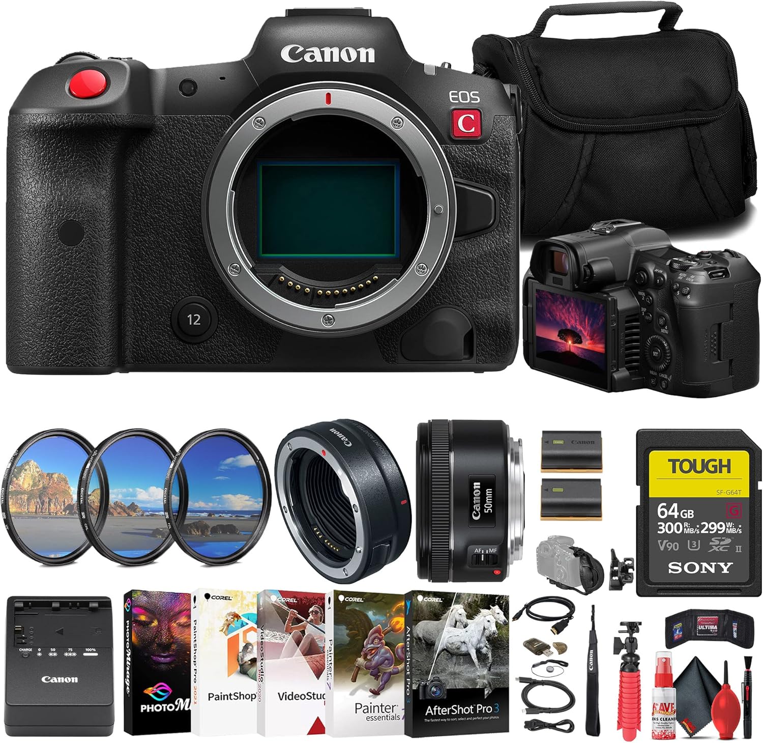 Canon EOS R5 C Mirrorless Cinema Camera (5077C002) + Canon EF 50mm Lens (0570C002) + Canon Mount Adapter + Sony 64GB Tough SD Card + Filter Kit + Bag + LPE6 Battery + Card Reader + More (Renewed)