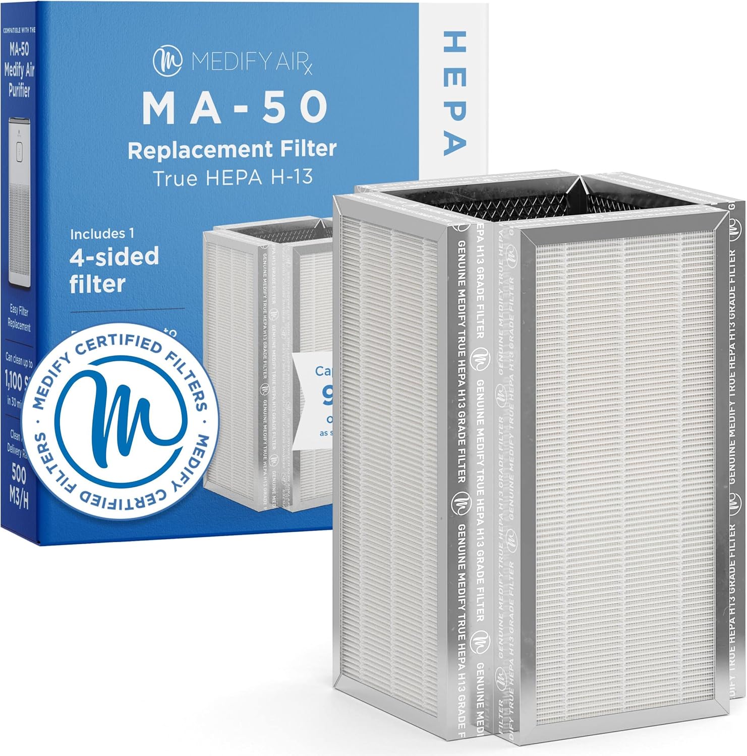 Medify MA-50 Genuine Replacement Filter for Allergens, Smoke, Wildfires, Dust, Odors, Pollen, Pet Dander | 3 in 1 with Pre-Filter, True HEPA H13 and Activated Carbon for 99.9% Removal | 1-Pack