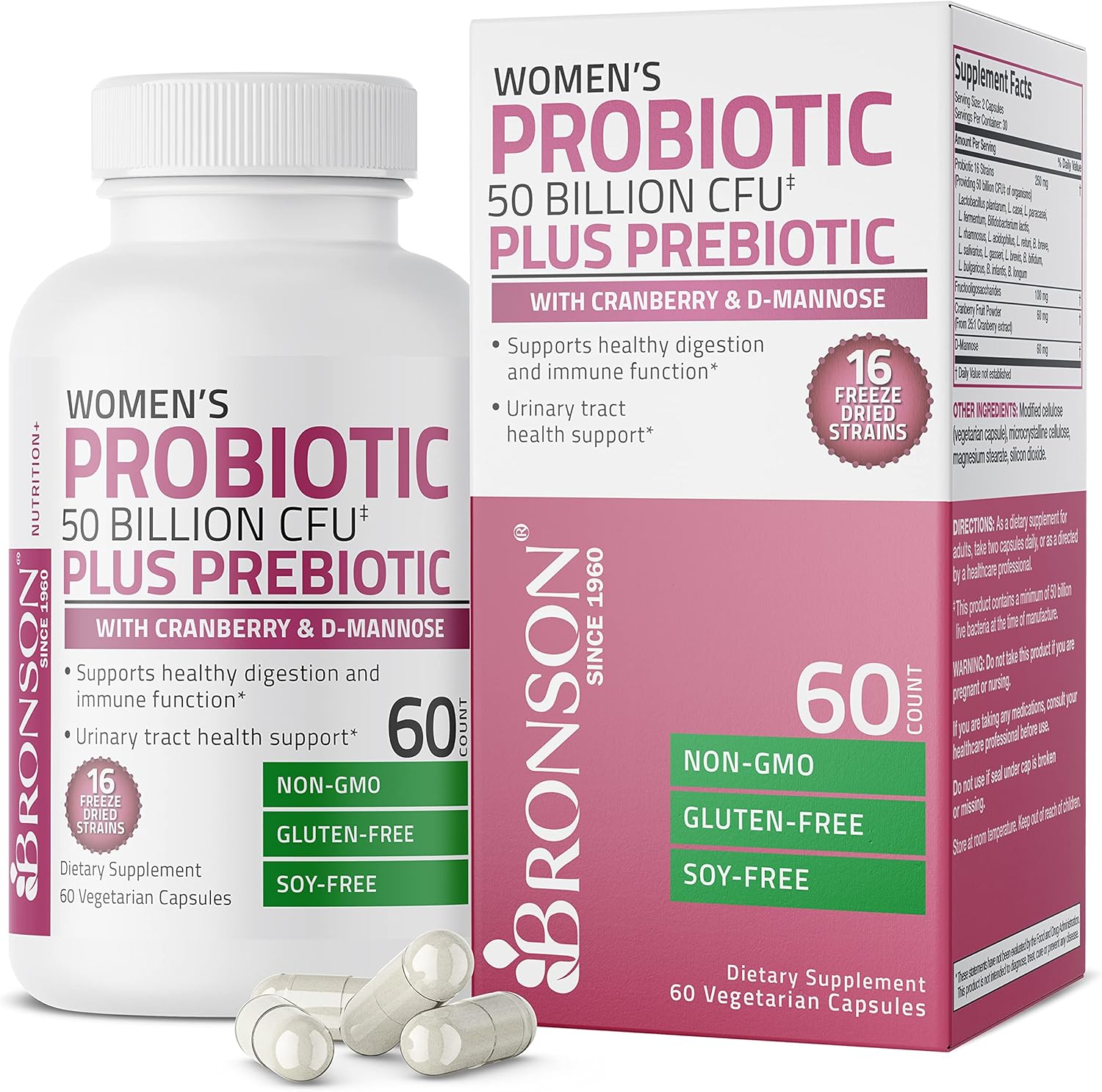 Bronson Women’s Probiotic 50 Billion CFU + Prebiotic with Cranberry & D-Mannose – Vaginal Health, Healthy Digestion, Immune Function and Urinary Tract Support, Non-GMO, 60 Vegetarian Capsules