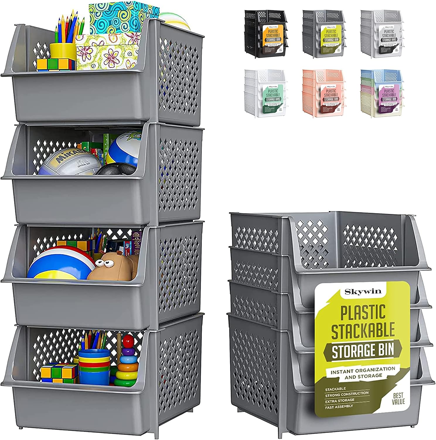 Skywin TidyFriend Stackable Storage Bins for Pantry, 4 Pack Stackable Bins For Organizing Food, Kitchen, and Bathroom Essentials (Grey)