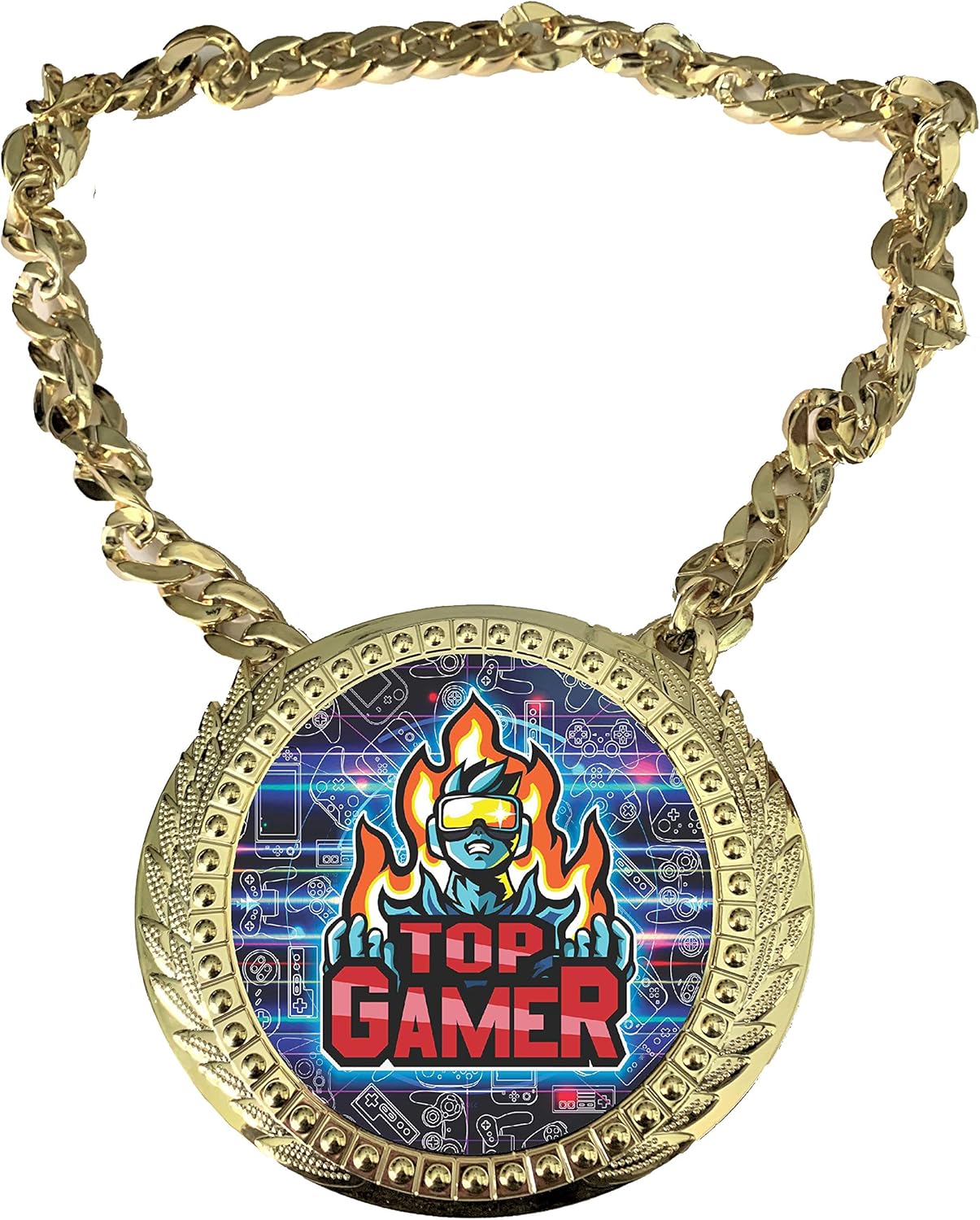 Express Medals Top Video Gamer Award Champ Chain Trophy with a Center Plaque Plate Measuring 6 by 5.25 Inches and Includes a 34 Inch Chain with Black Velvet Presentation Bag.