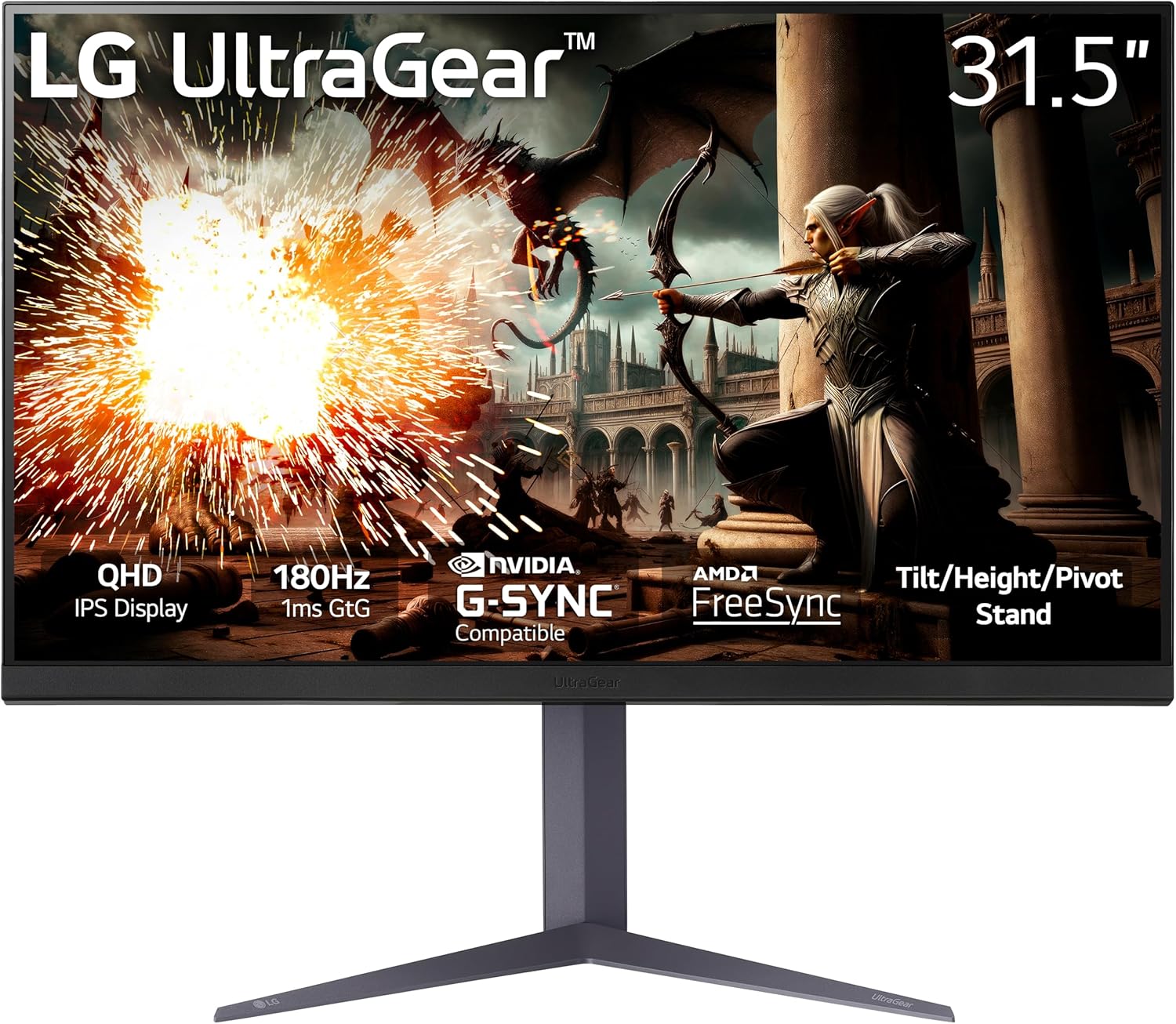 LG 32″ Ultragear QHD (2560×1440) Gaming Monitor, 180Hz, 1ms, IPS, DisplayHDR 400, NVIDIA G-SYNC Compatible, AMD FreeSync, VESA Adaptive Sync, HDR10, Tilt/Height/Pivot Stand, HDMI, DisplayPort, Black