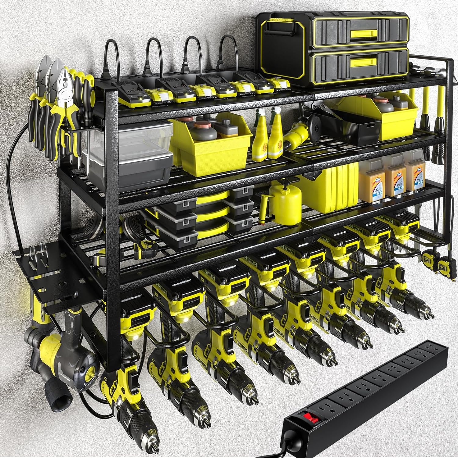 KAFAHOM Power Tool Organizer with Charging Station.Garage 8 Drill Holder Built in 8 Outlets Power Strip,Tool Storage Shelf Wall Mount,Tool Battery Organizer with Screwdriver/Hammer/Air Tool Rack