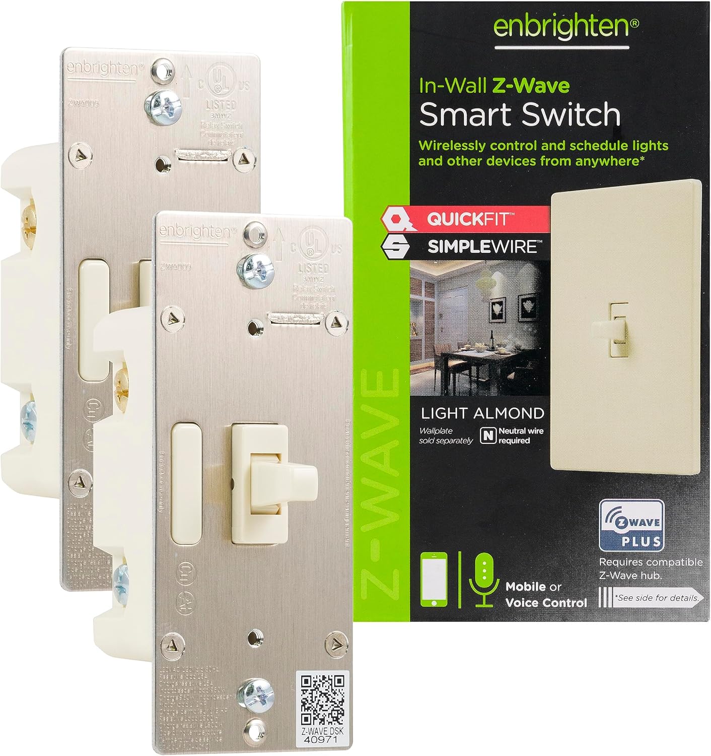 Enbrighten Almond Z-Wave Plus Smart Light Switch with QuickFit and SimpleWire, 3-Way Ready, Compatible with Alexa, Google Assistant, ZWave Hub Required, Repeater/Range Extender, Toggle, 2 Pack, 81174