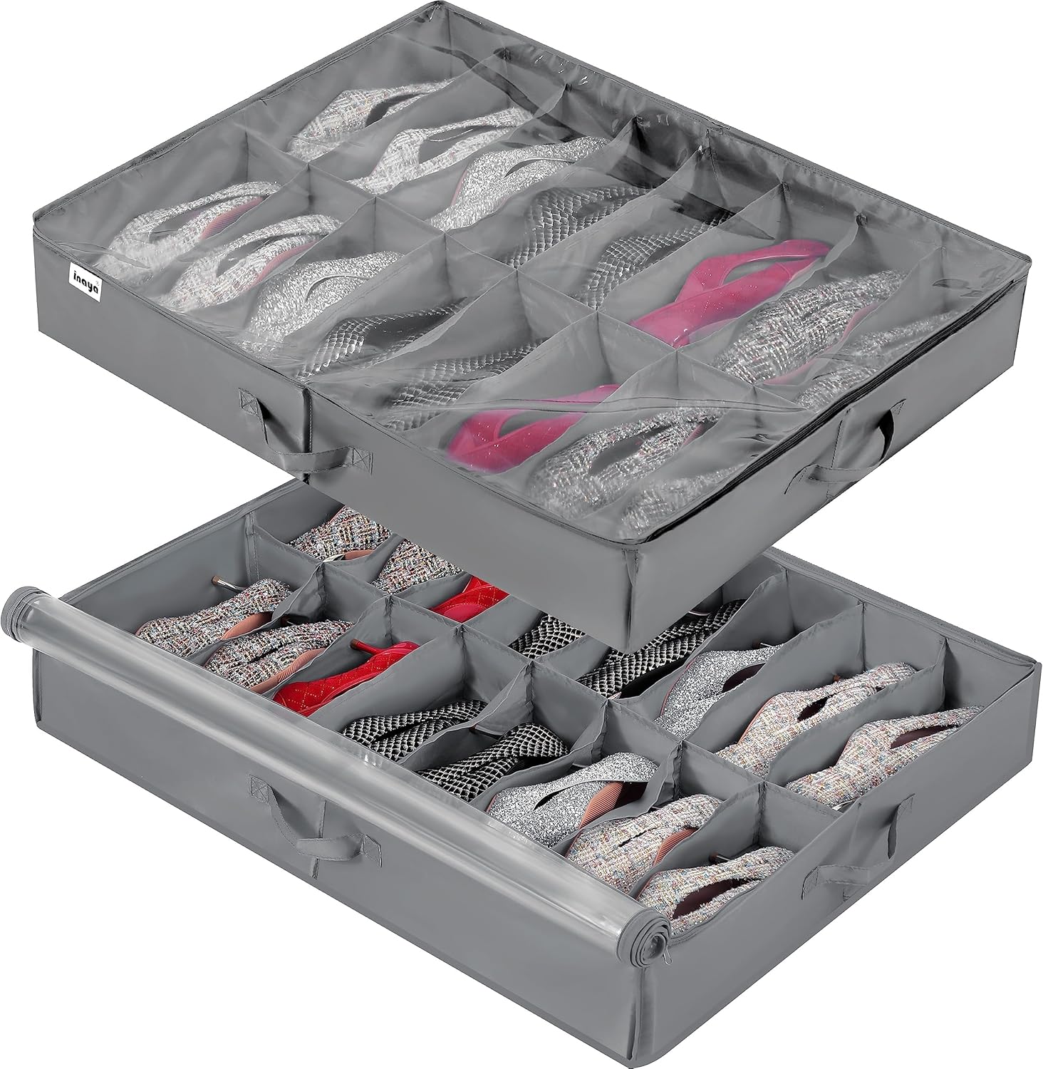 INAYA Under Bed Shoe Storage Organizer 2 Pack, Fits 32 Pairs, Large Underbed Shoe Box Storage Containers, Clear Foldable Shoes Organizer Under the Bed Sturdy Structure with Hard Bottom Support