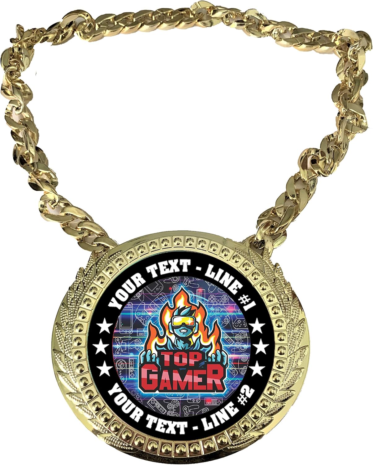 Express Medals Custom Gamer Champ Chain Trophy with 2 Lines of Personalized Text on a Large Rigid Plastic Award Medal and 34 Inch Long Gold Color Neck Chain. Gamer