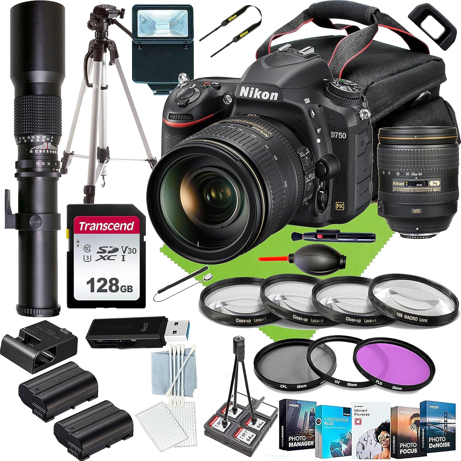 Nikon D750 DSLR Camera with 24-120mm Lens+Case+The 500mm f/8.0 Telephoto preset Lens+Case+128 GIG Memory+Monopod+Tripod+Slave Flash+Photo Software(30PC) Bundle (Renewed)