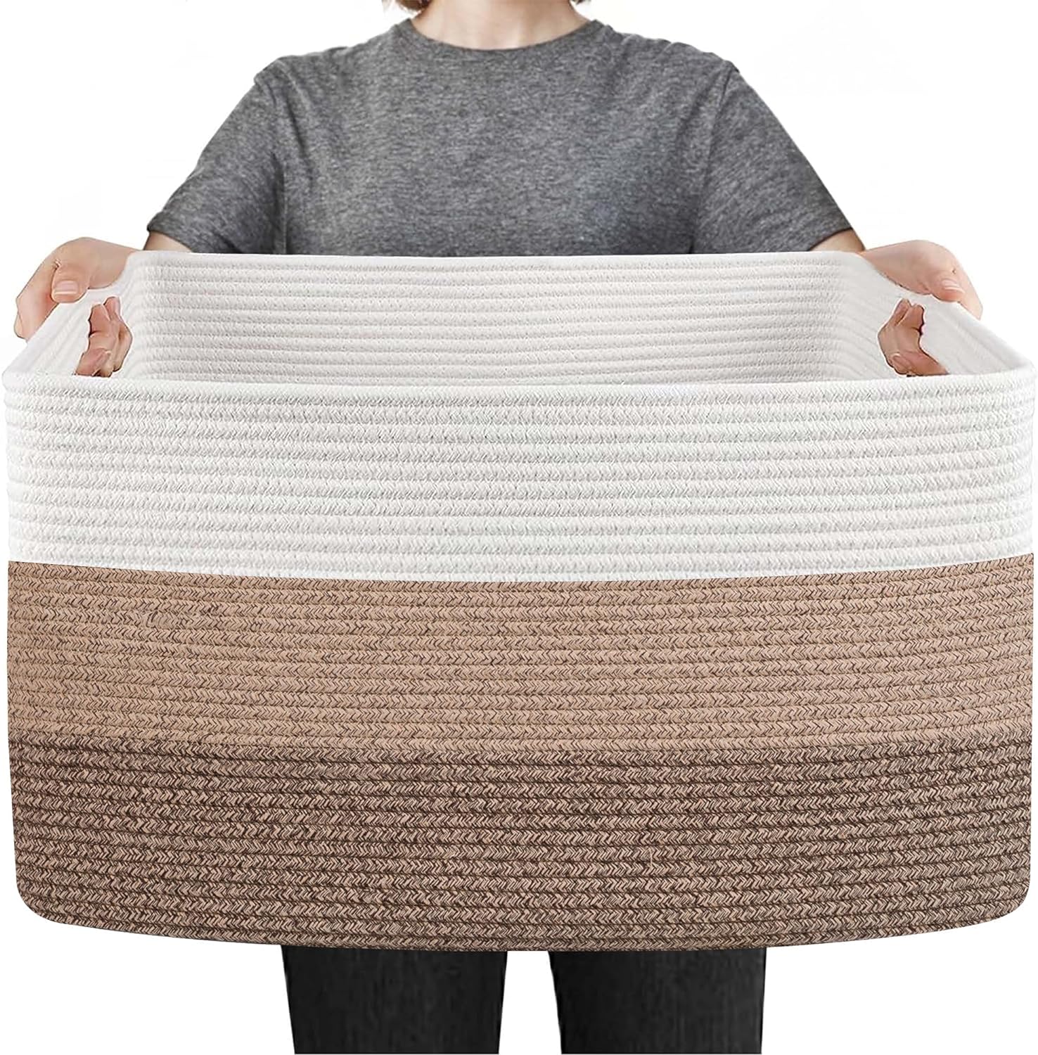 Extra Large Blanket Storage Basket, 23.6″ x 15.7″ x 14.1″ Rectangle Woven Cotton Rope Basket, Blanket Basket Holder for Living Room, Wicker Storage Basket for Pillows, Blankets Organizer Bins