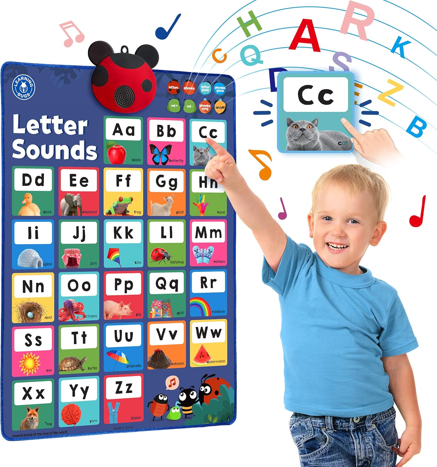 LEARNING BUGS Press to Learn Phonics, Interactive Letters and Sounds Talking Poster, Preschool & Kindergarten Learn to Read, Ages 3+