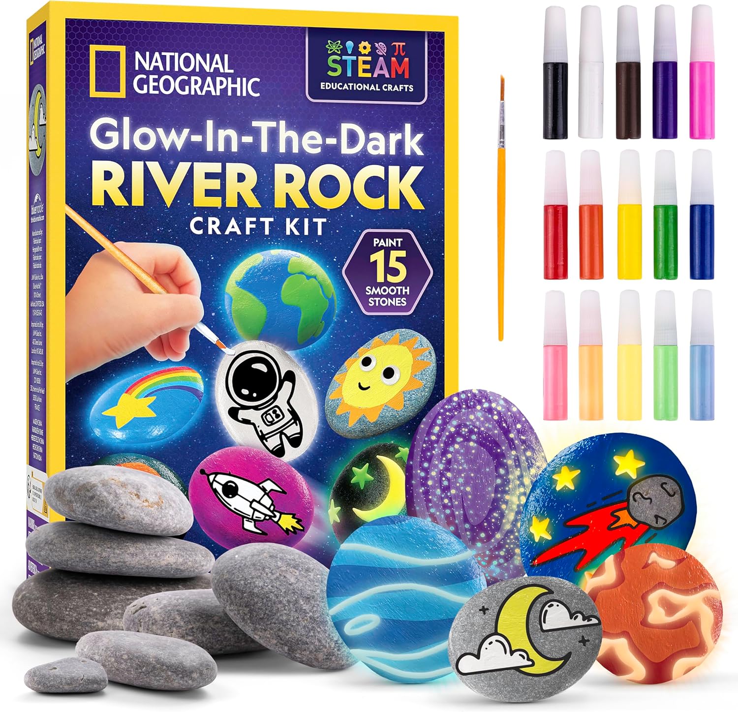 NATIONAL GEOGRAPHIC Glow in the Dark Rock Painting Kit – Arts & Crafts Kit for Kids, Decorate 15 River Rocks with 15 Paint Colors & More Art Supplies, Kids Craft, Kids Art Kit, Kids Activity Kit