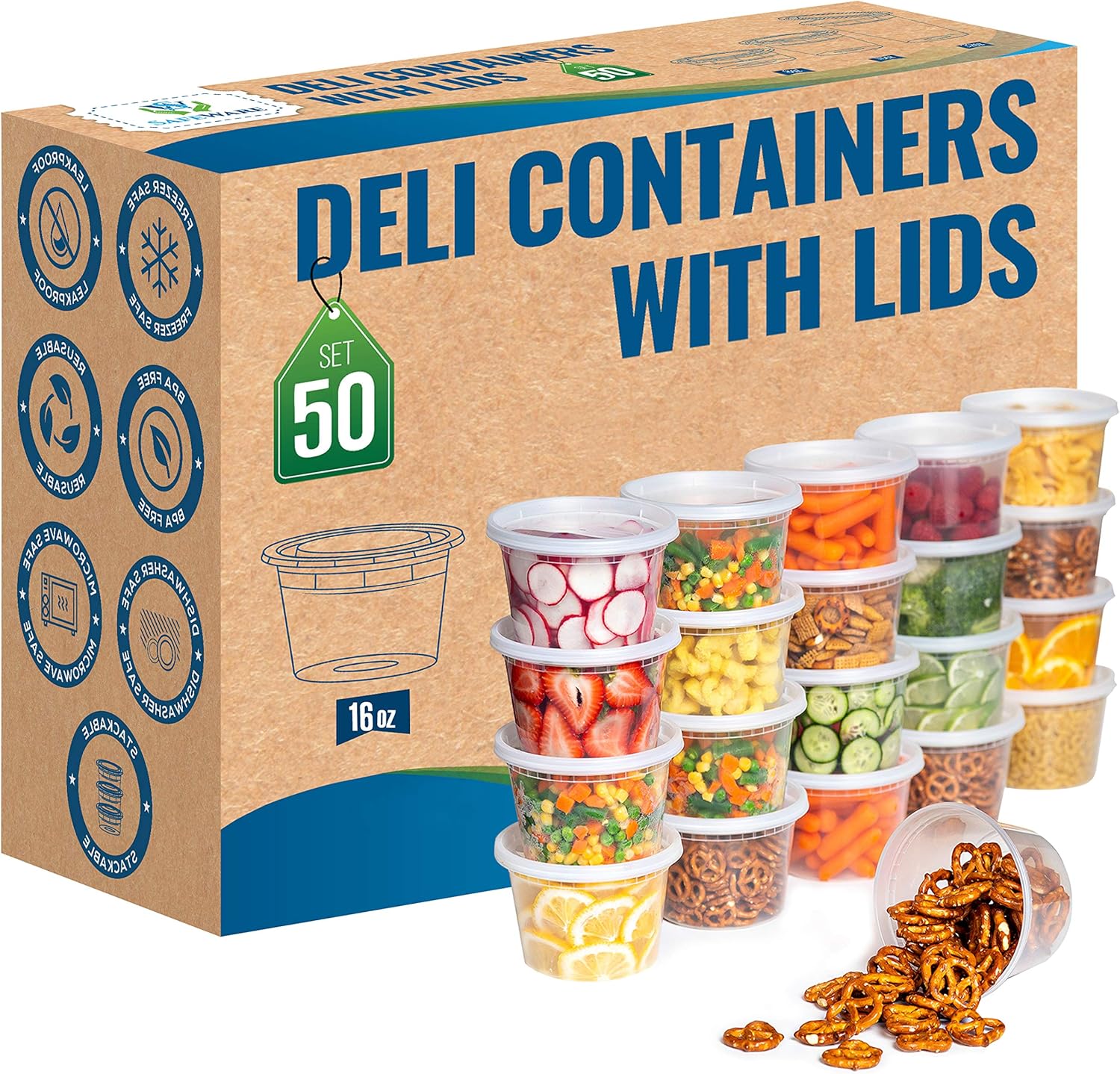 Deli Plastic Food Containers with Airtight Lids [50 Sets], Leakproof Slime Small Combo Pack [Reusable, Storage, Disposable, Meal Prep, Soup, Microwaveable & Freezer Safe] (16oz)