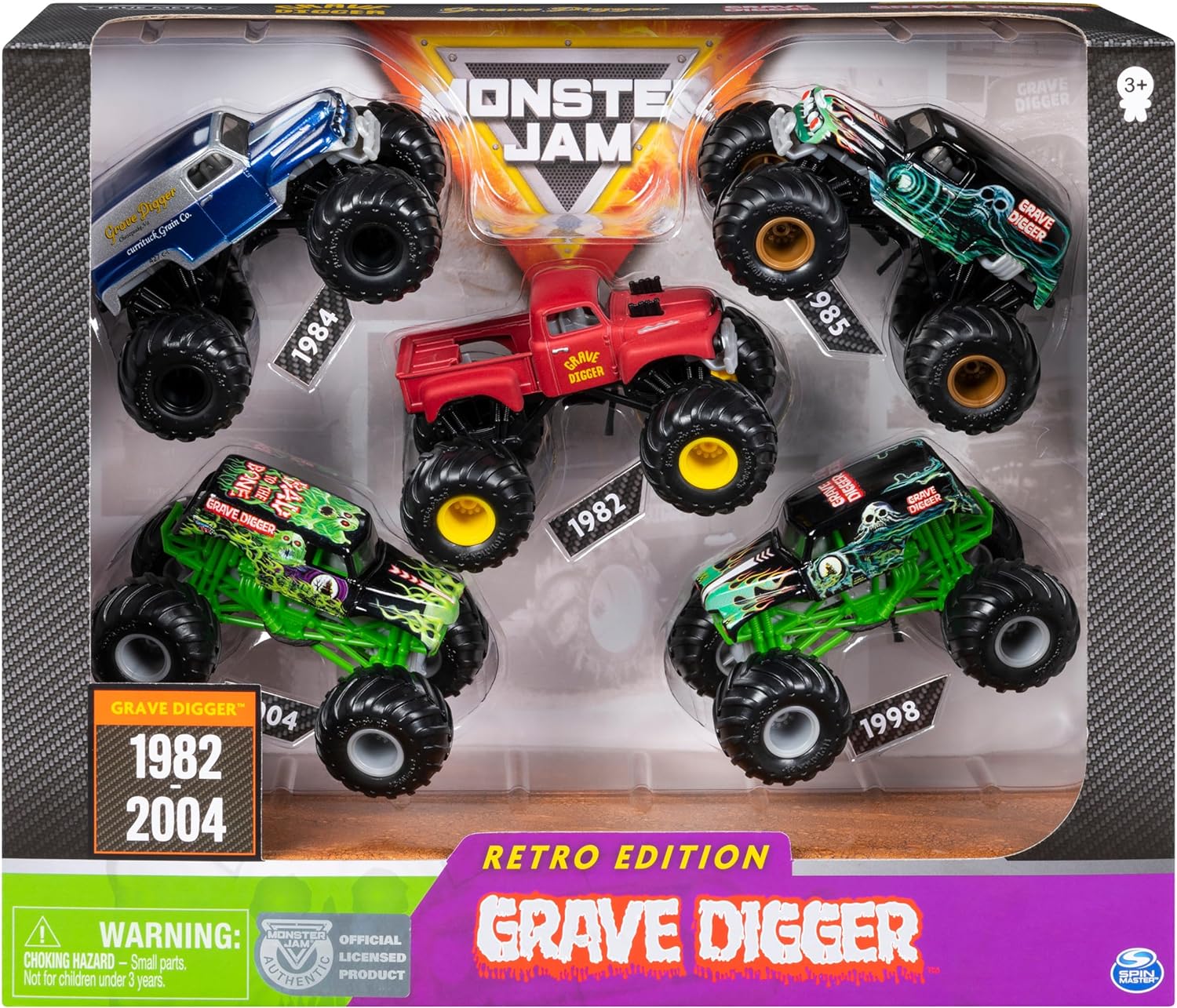 Monster Jam Grave Digger Monster Truck 5pc Value Pack: 1:64 Scale Retro Die-Cast Gift Set with Iconic Models (1982-2005) Chrome Rims and BKT Tires – Authentic Collectible for Fans & Birthday Parties