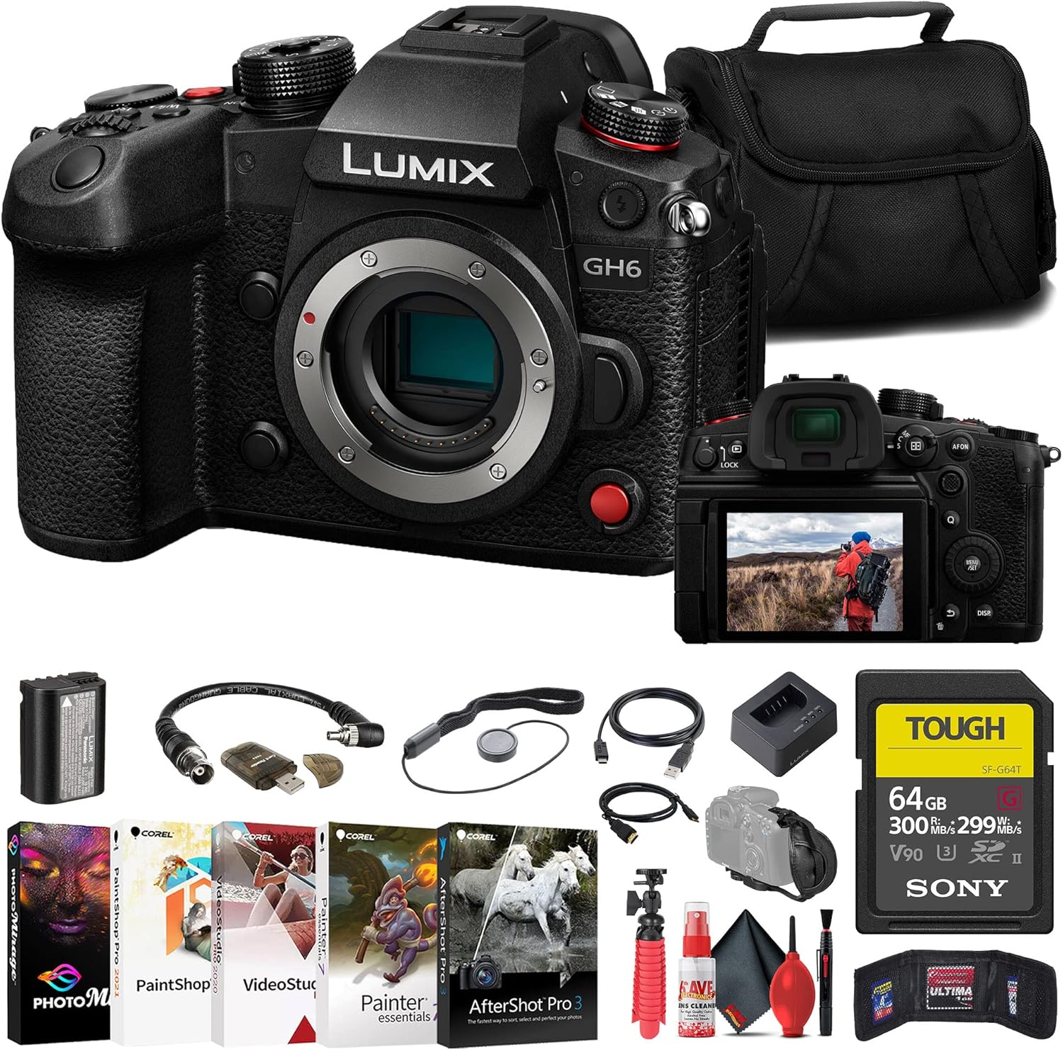 Panasonic Lumix GH6 Mirrorless Camera (DC-GH6BODY) + Sony 64GB Tough SD Card + Card Reader + Corel Photo Software + Case + Flex Tripod + Hand Strap + Memory Wallet + Cap Keeper + More