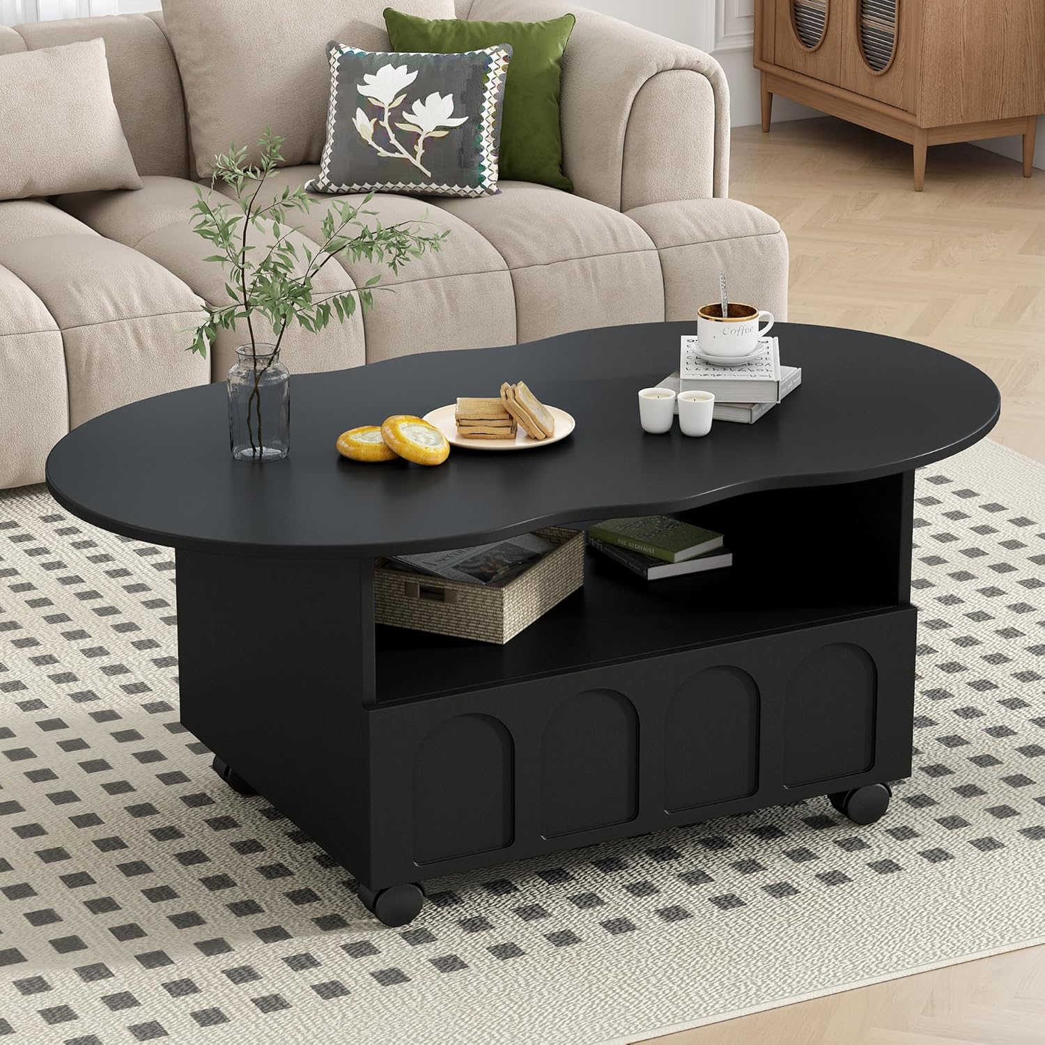 Merax Flexible Cream Style Coffee Table with 2 Brake Wheels, Drawer and Large Storage, Cloud Top Sidetable, Irregular Centertable, for Living Room, 39.37”x 23.6”, Black