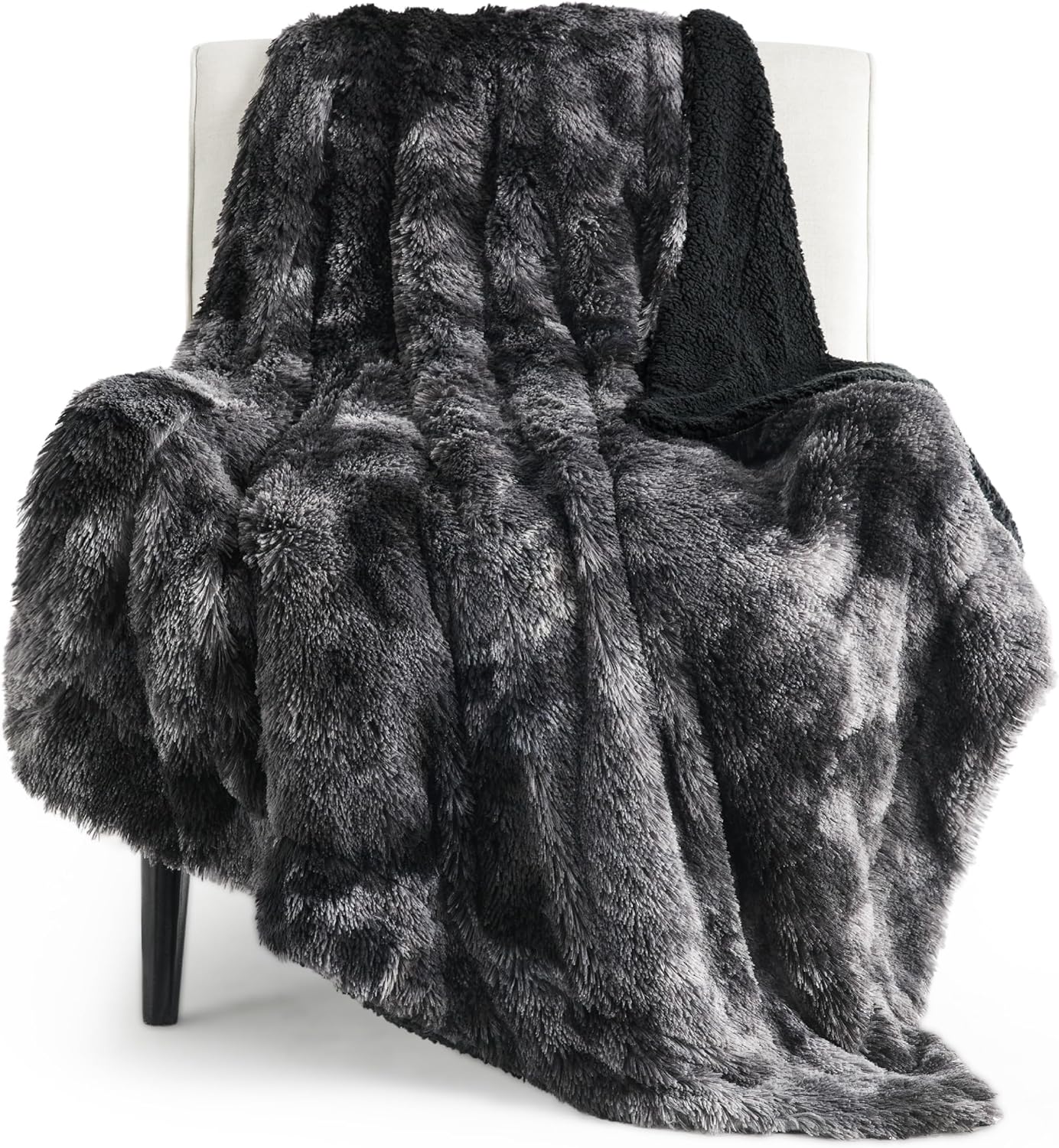 Bedsure Soft Black Throw Blanket for Couch, Fluffy Fuzzy Black Blankets for Sofa, Cozy Plush Sherpa Fleece Faux Fur Blanket, Tie Dye Black Decor Christmas Blanket Black Gifts for Women, Men, 50×60