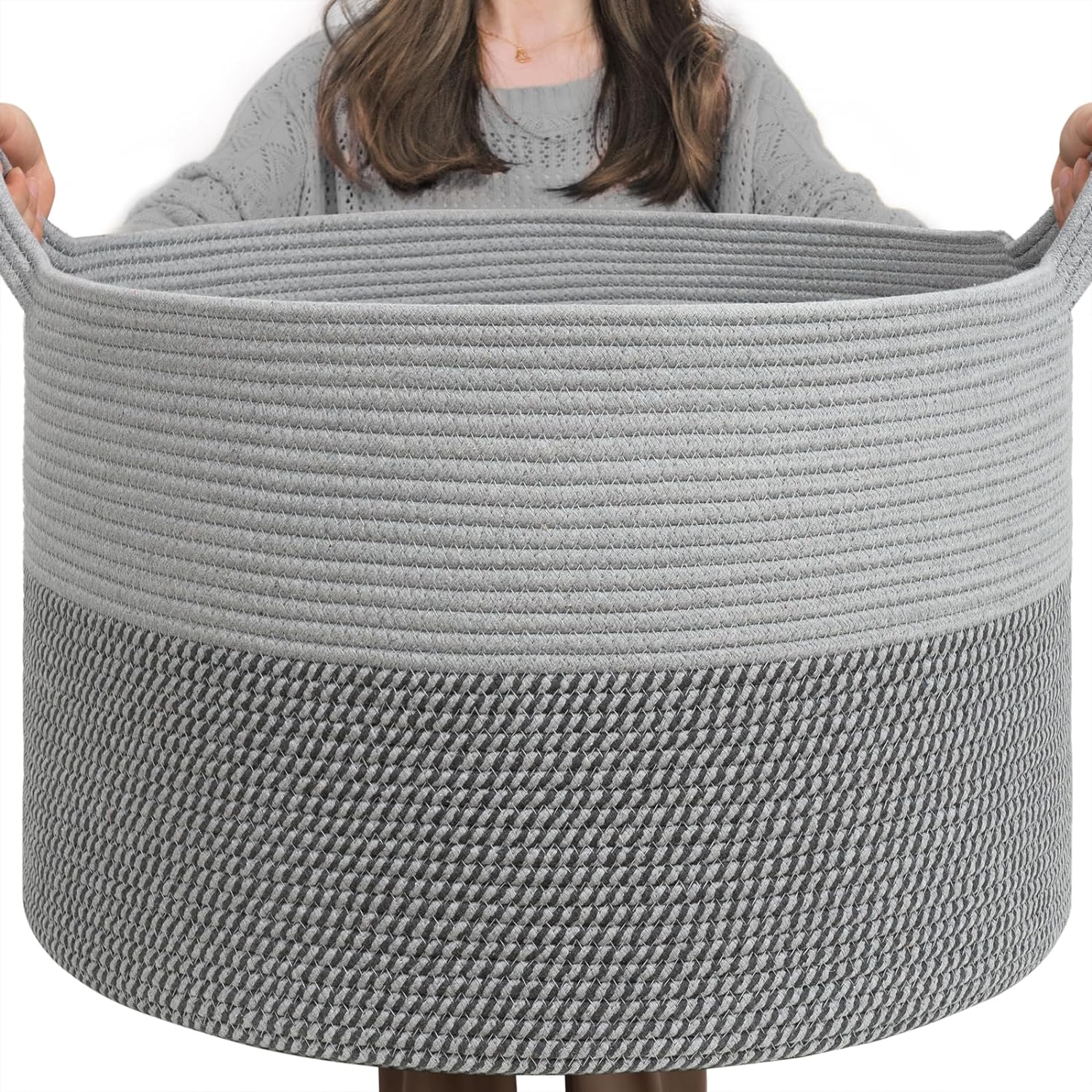 INDRESSME Extra Large Laundry Basket, Cotton Rope Blanket Basket for Nursery Living Room, Decorative Woven Storage Basket with Handles for Dirty Clothes, Toy Bin For Dog Toys, 21.7 x 13.8 inches, Grey