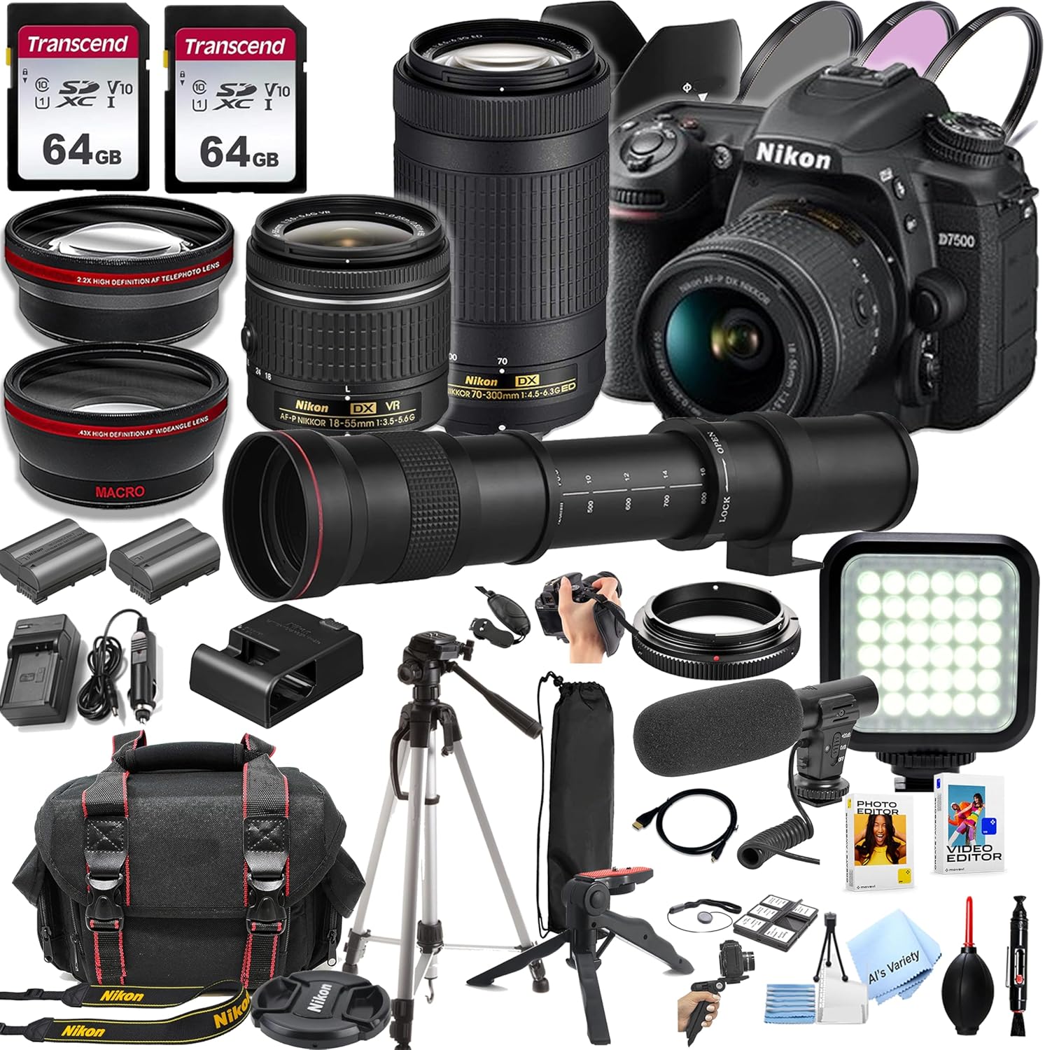 Nikon D7500 DSLR Camera Kit with 18-55mm VR & 70-300mm Lenses + 420-800mm Lens + 128GB Memory, LED Light, Microphone, Spare Battery, Filters, Case, Tripod, and More (49pc Video Bundle) (Renewed)