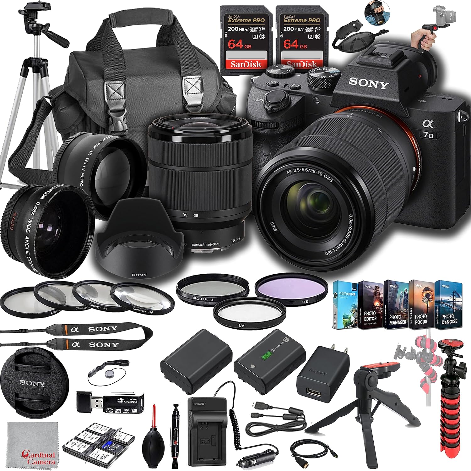 Sony a7 III Mirrorless Digital Camera 24MP w/ 28-70mmmm Lens, 128GB Extreem Speed Memory,.43 Wide & 2X Lenses, Case. Tripod, Filters, Hood, Grip,Spare Battery & Charger, Software Kit -Deluxe Bundle