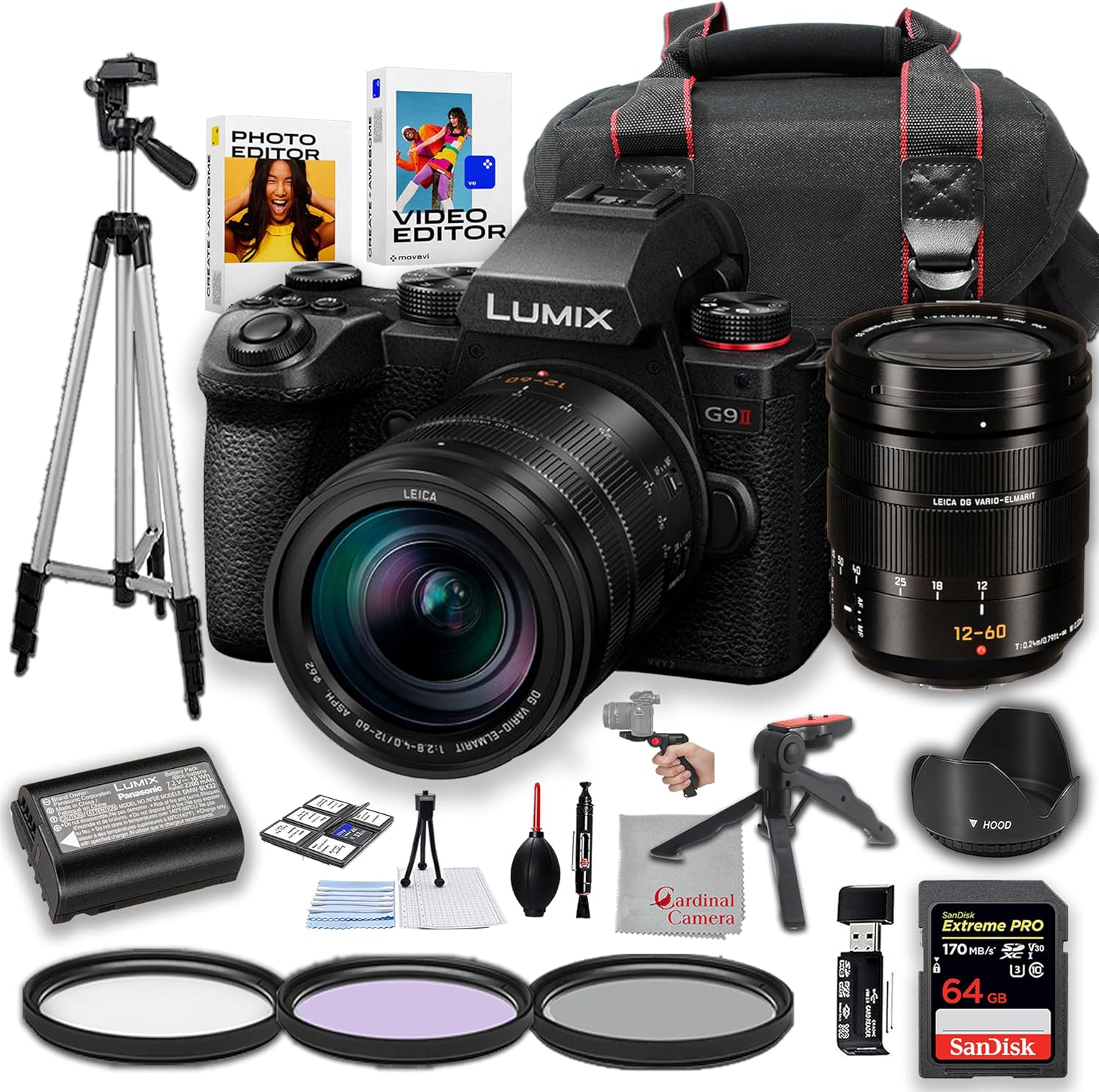 Panasonic Lumix G9 II Mirrorless Camera with 12-60mm f/2.8-4 Lens | 25.2MP | 64GB Extreme Memory, Filters, Hood, Cleaning Kit, Editing Software and Tripod Bundle