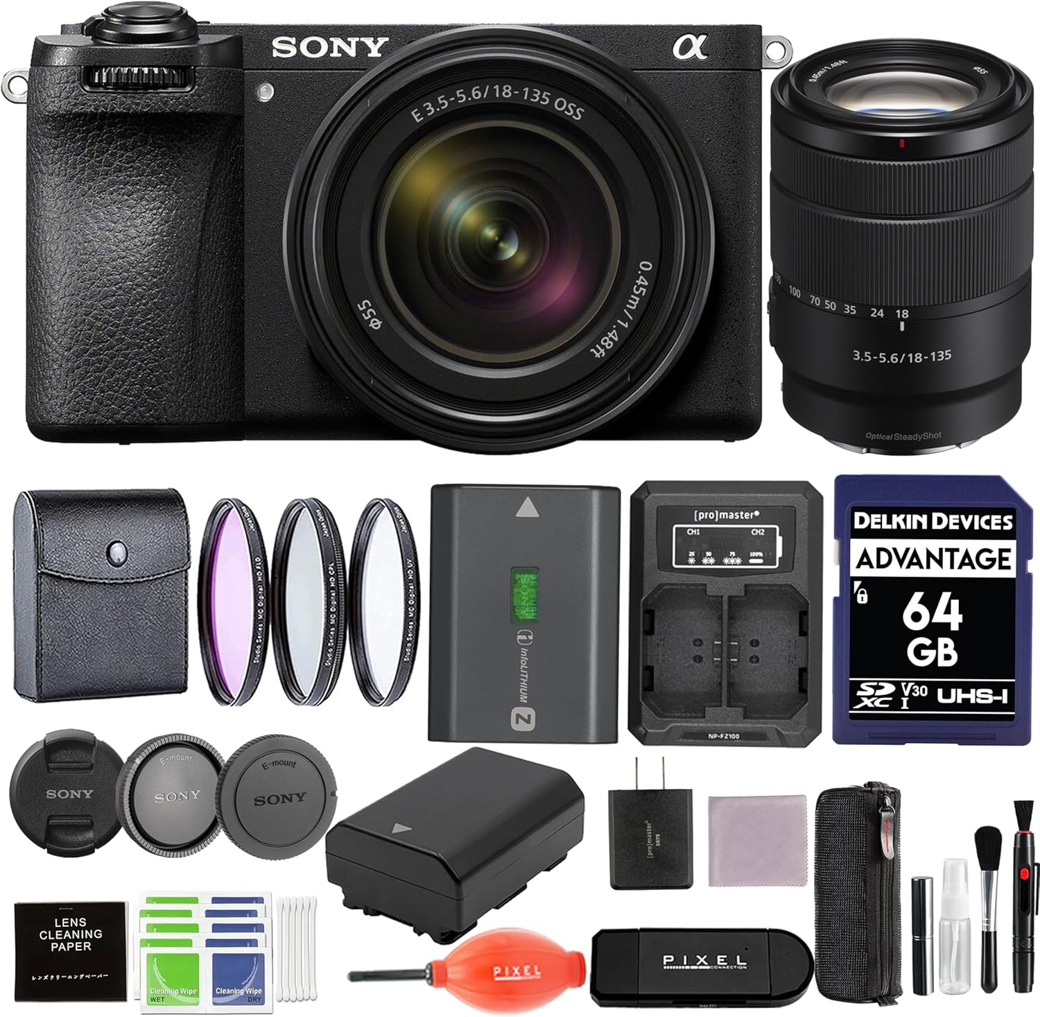 Sony Alpha a6700 Mirrorless Camera with 18-135mm Lens Bundle with Extra Battery and Charger Kit, 64GB SD Card + 55mm 3PC Filter Kit & More | Sony Alpha 6700