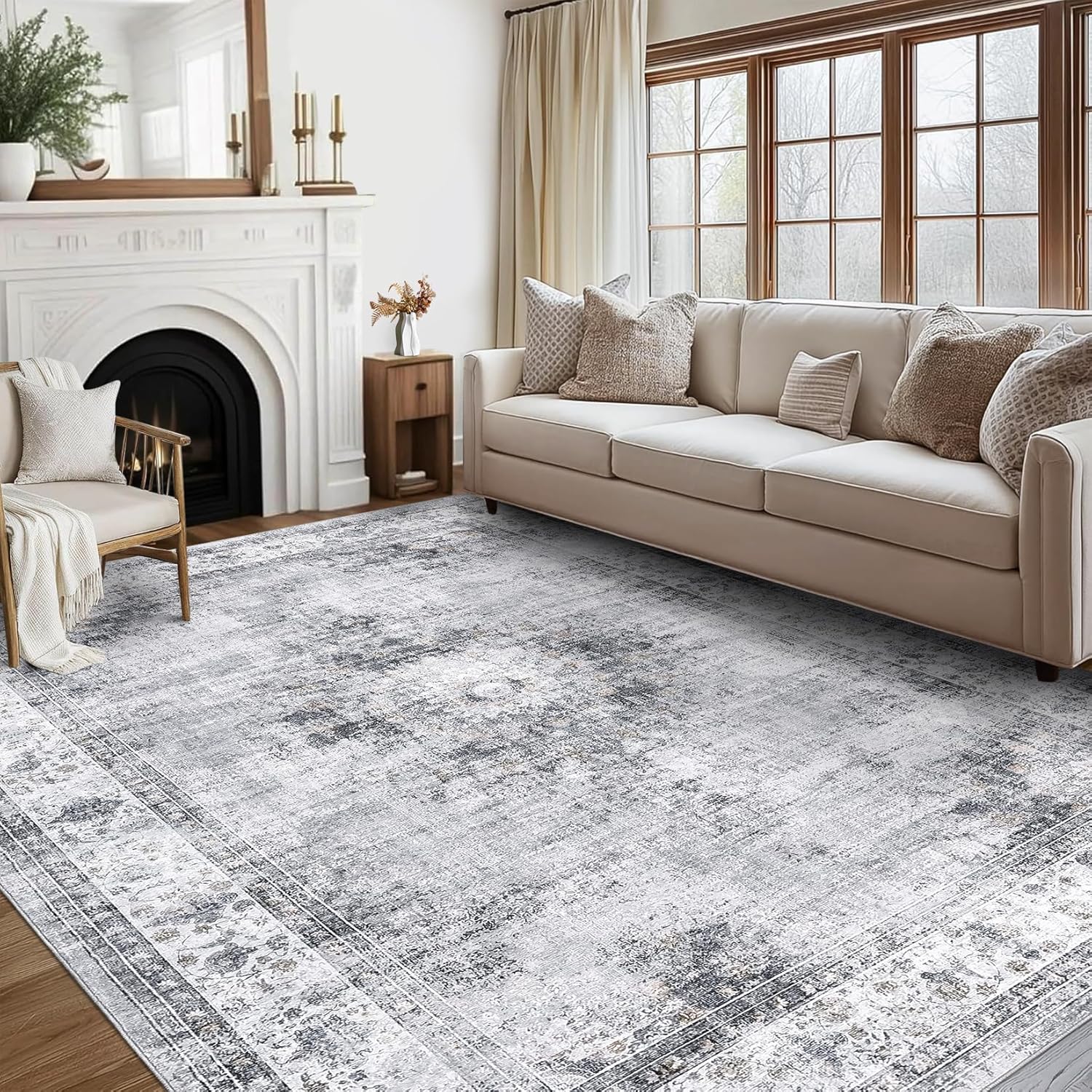 Extra Large Area Rug 10×13 Washable Living Room Rug Ultra Soft Thin Non-Slip Backing Vintage Floor Cover Foldable Stain Resistant Retro Carpet for Bedroom Dining Room,Grey