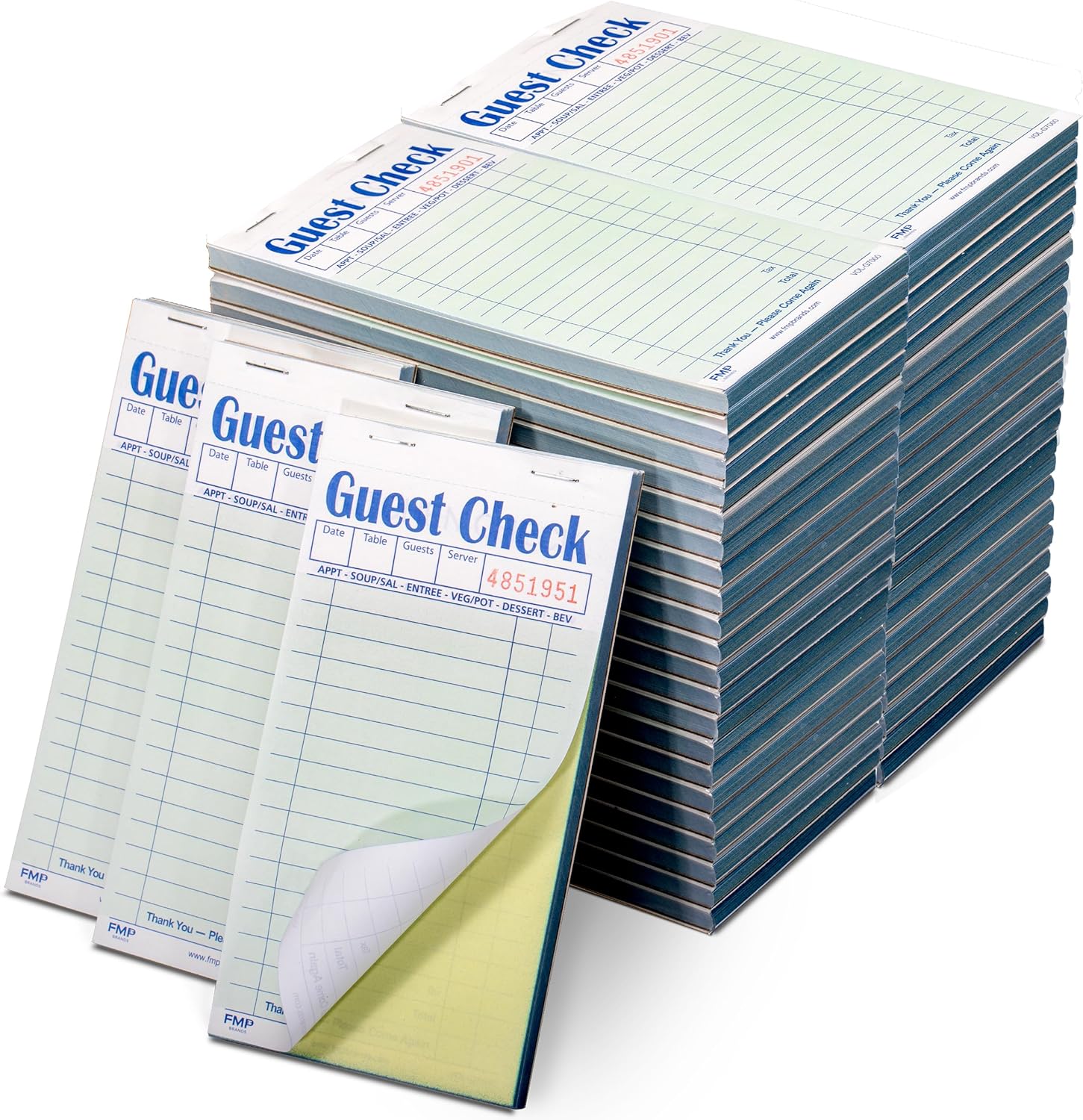 FMP Brands Double Part Guest Check Pads for Restaurants, Server Note Pads Total 2500 Sheets (50 Pads), Perforated 2 Part Carbonless Copy Check Book for Bars, Cafes and Restaurant Orders