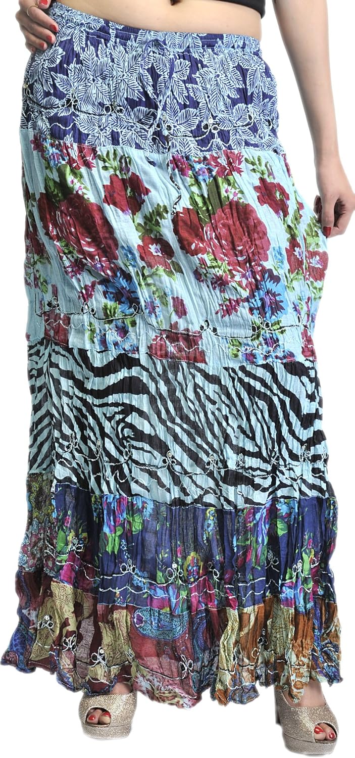 Exotic India Blue Crushed Elastic Skirt with Floral Print