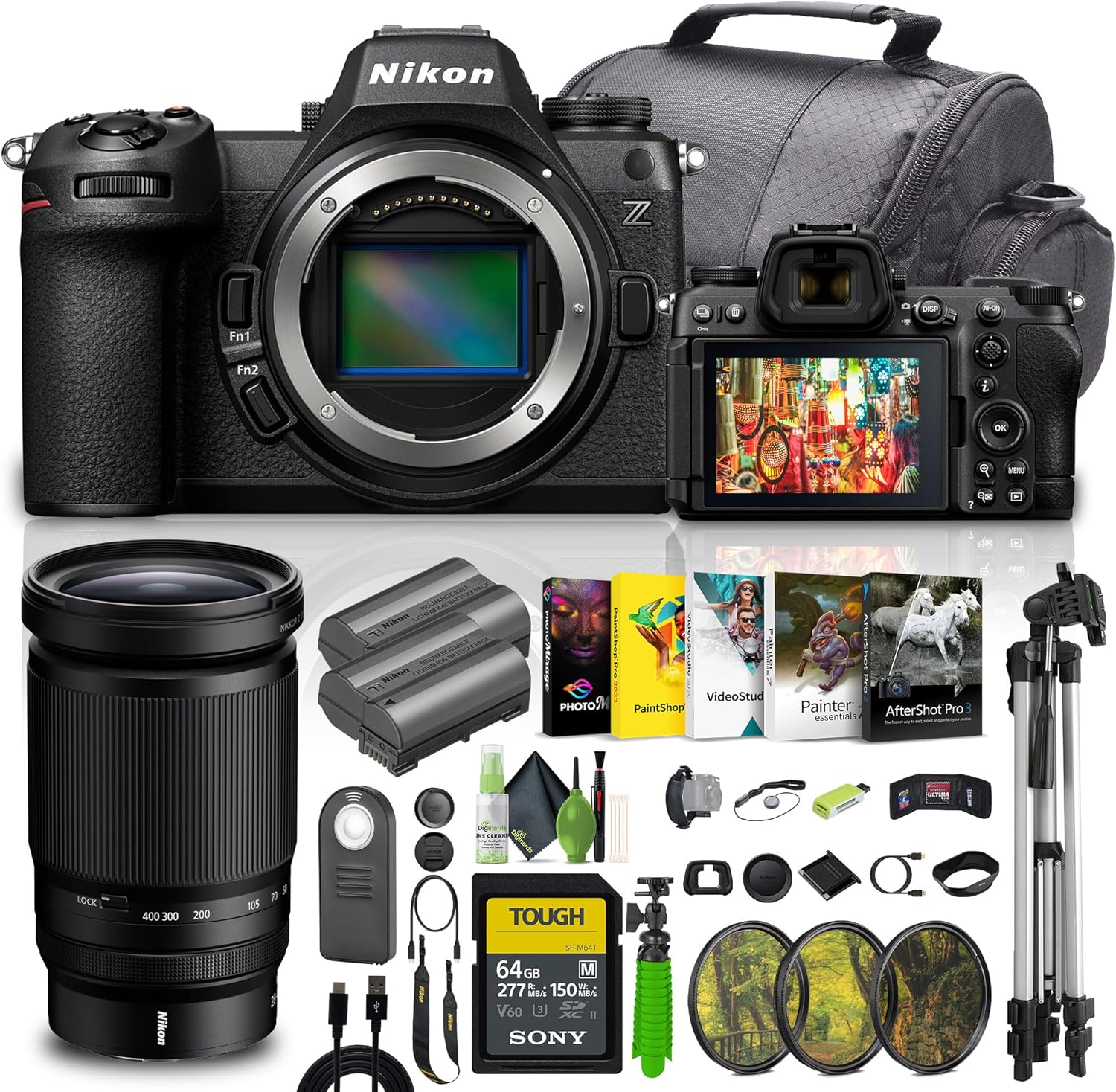 Nikon Z6III Mirrorless Camera (1890) Bundle Kit with NIKKOR Z 28-400mm f/4-8 VR Lens + 64GB UHS-II SDXC Memory Card + Cleaning Kit + Vlogging Tripod+ Camara Bag + Accessories (Renewed)