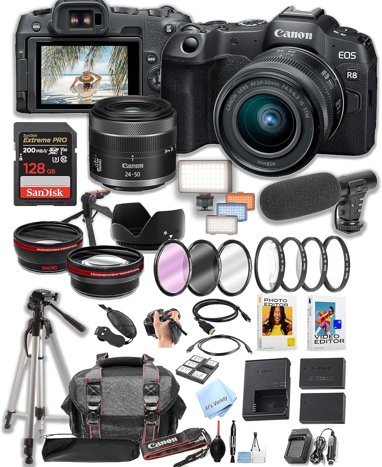 Canon EOS R8 Mirrorless with RF 24-50mm f/4.5-6.3 is STM Lens + 128GB Pro Speed Memory + Led Video Light + Microphone +Case + Tripod + Software Pack-Video Bundle (Renewed)