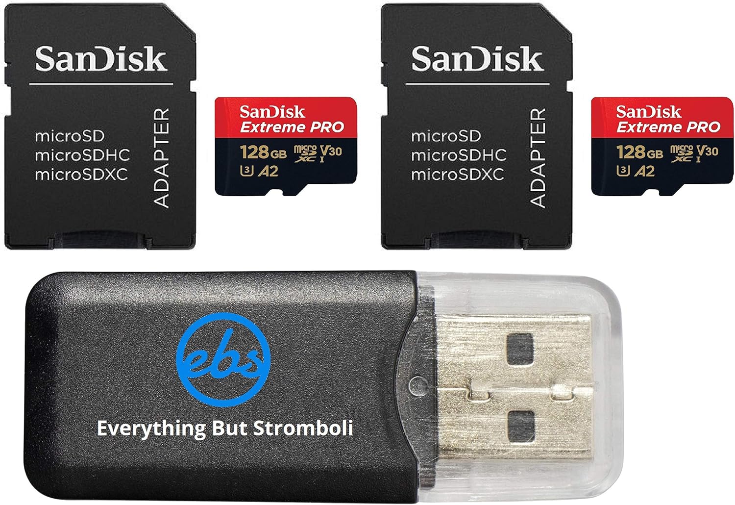 SanDisk 128GB Micro SDXC Extreme Pro Memory Card 2 Pack Works with GoPro Hero 8 Black, Max 360 Action Cam U3 V30 4K A2 Class 10 (SDSQXCD-128G-GN6MA) Bundle with 1 Everything But Stromboli Card Reader