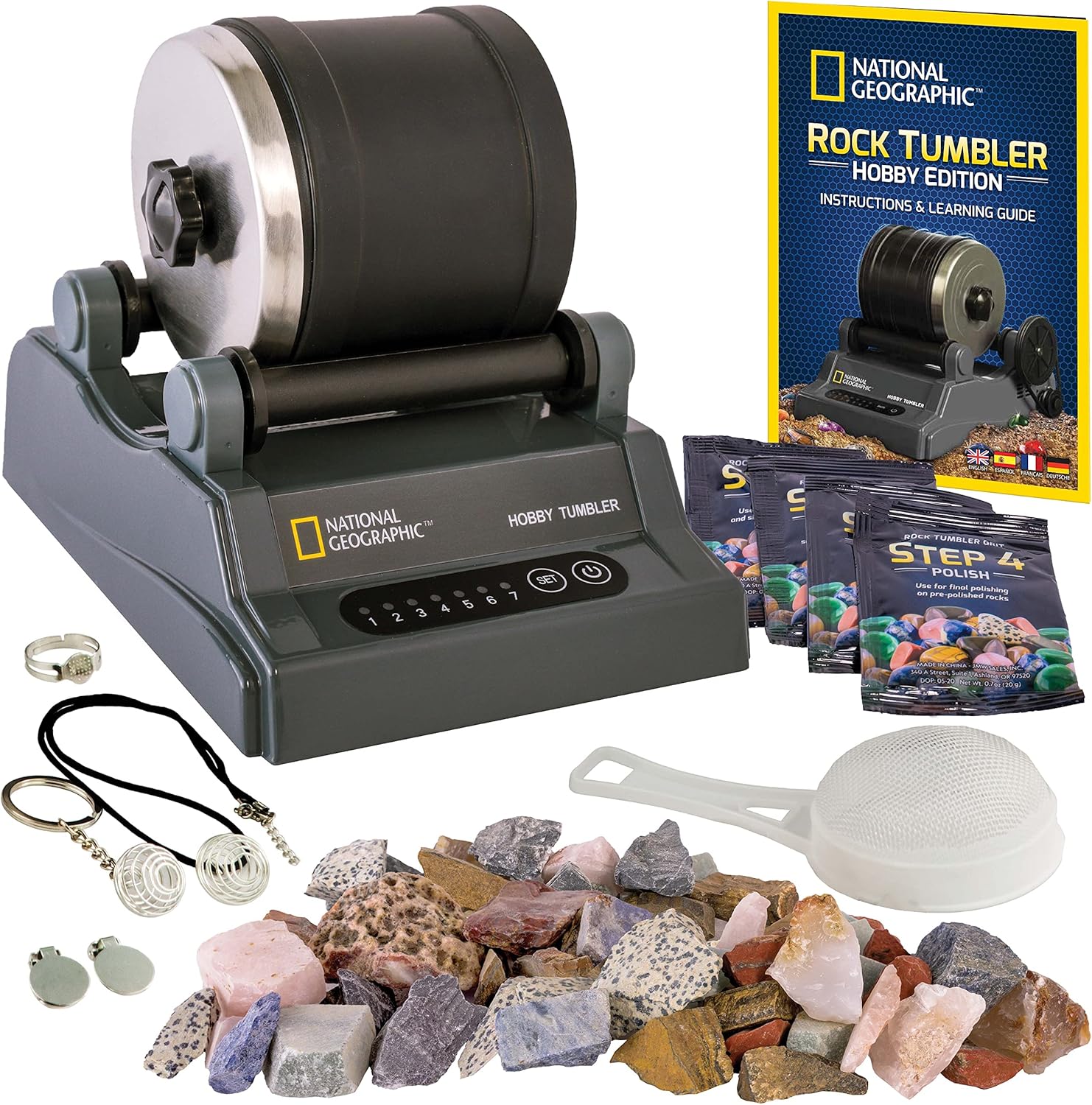 National Geographic Rock Tumbler Kit – Hobby Edition Includes Rough Gemstones, and 4 Polishing Grits, Great STEM Science Kit for Geology Enthusiasts, Rock Polisher for Kids and Adults