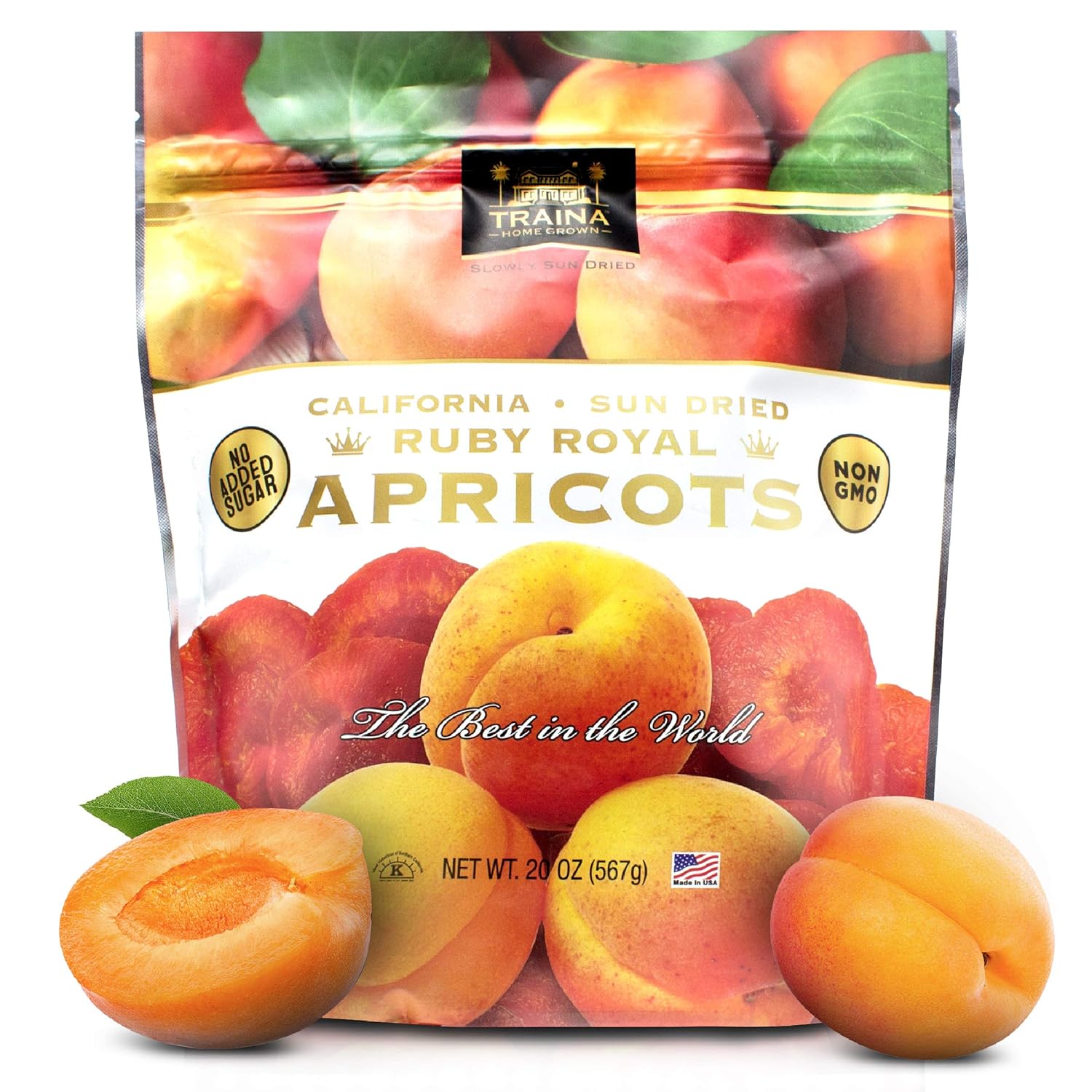 Traina Home Grown California Sun Dried Fancy Ruby Royal Apricots – Healthy, No Sugar Added, Non GMO, Gluten Free, Kosher Certified, Vegan, Value Size (20 oz)