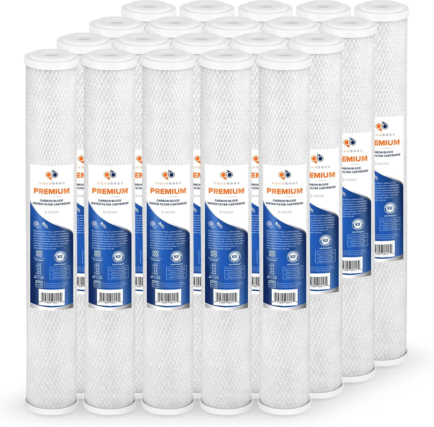 Aquaboon Premium 20 x 2.5 inch 5 Micron | Whole House Carbon Water Filter Replacement | Universal Coconut Shell Cartridge for Whole Home | 20 Pack