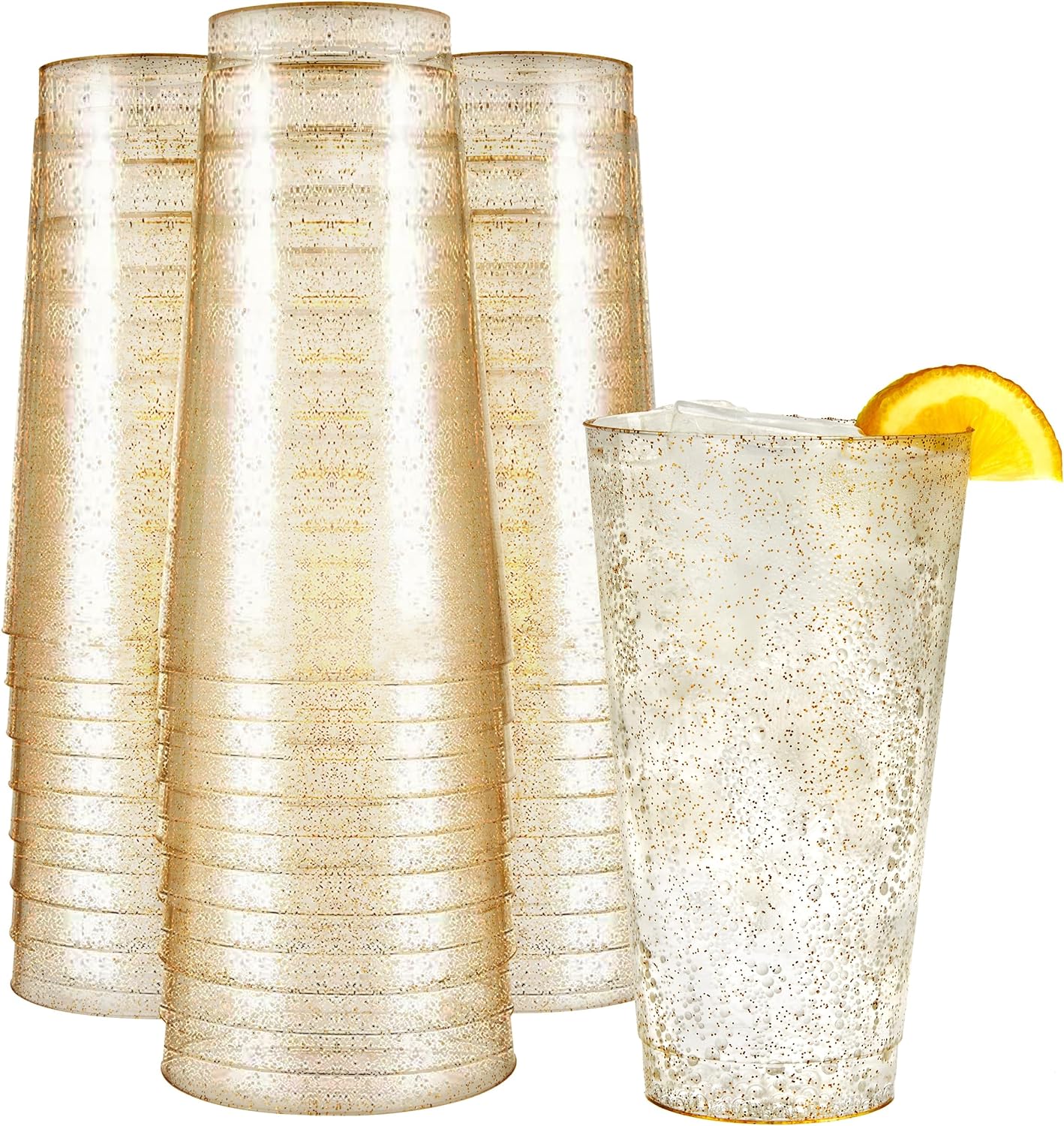 R-kay 16 oz Gold Glitter Plastic Cups For Party – 50 Pack Gold PLastic Cups – Hard Disposable Cups – Premium Heavy Duty Gold Cups – Disposable Cocktail Glasses – Party Cups (16 OZ)