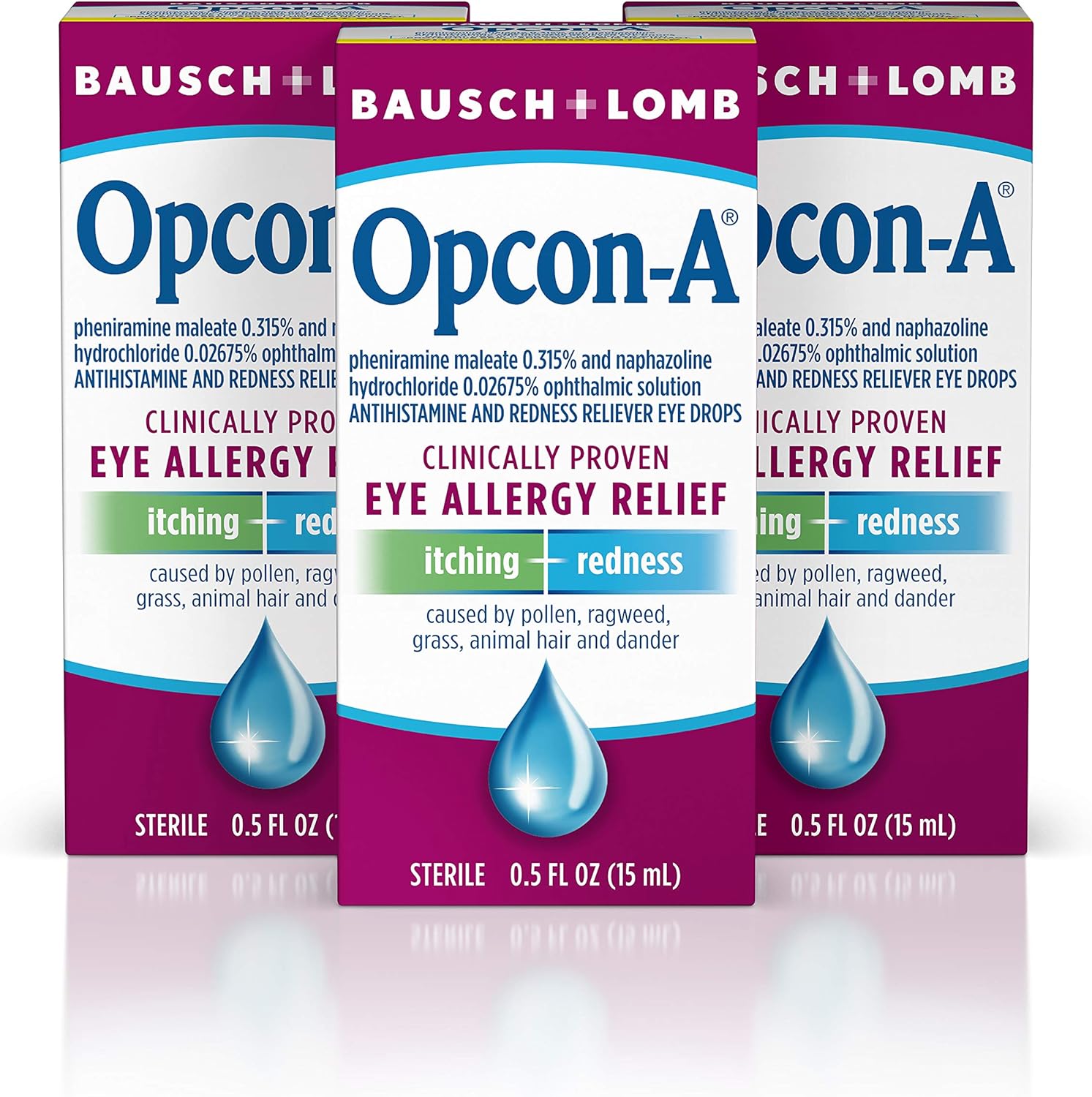 Opcon-A Allergy Eye Drops by Bausch + Lomb, for Itch and Redness Relief, Red and Itchy Eyes Antihistamine Eye Drop, Clinically Proven Treatment, 0.5 Fl Oz (Pack of 3)