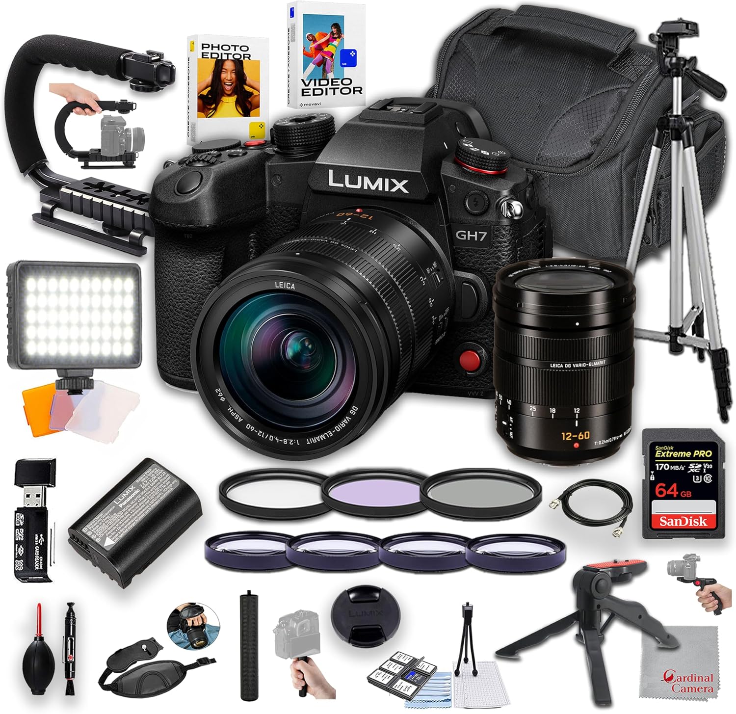 Panasonic Lumix GH7 Mirrorless Camera with Panasonic Leica DG Vario-Elmarit 12-60mm Lens | 25.2MP | LED Video Light, 64GB Extreme Memory, U Grip, 50 Inch Tripod, Camera Case & More