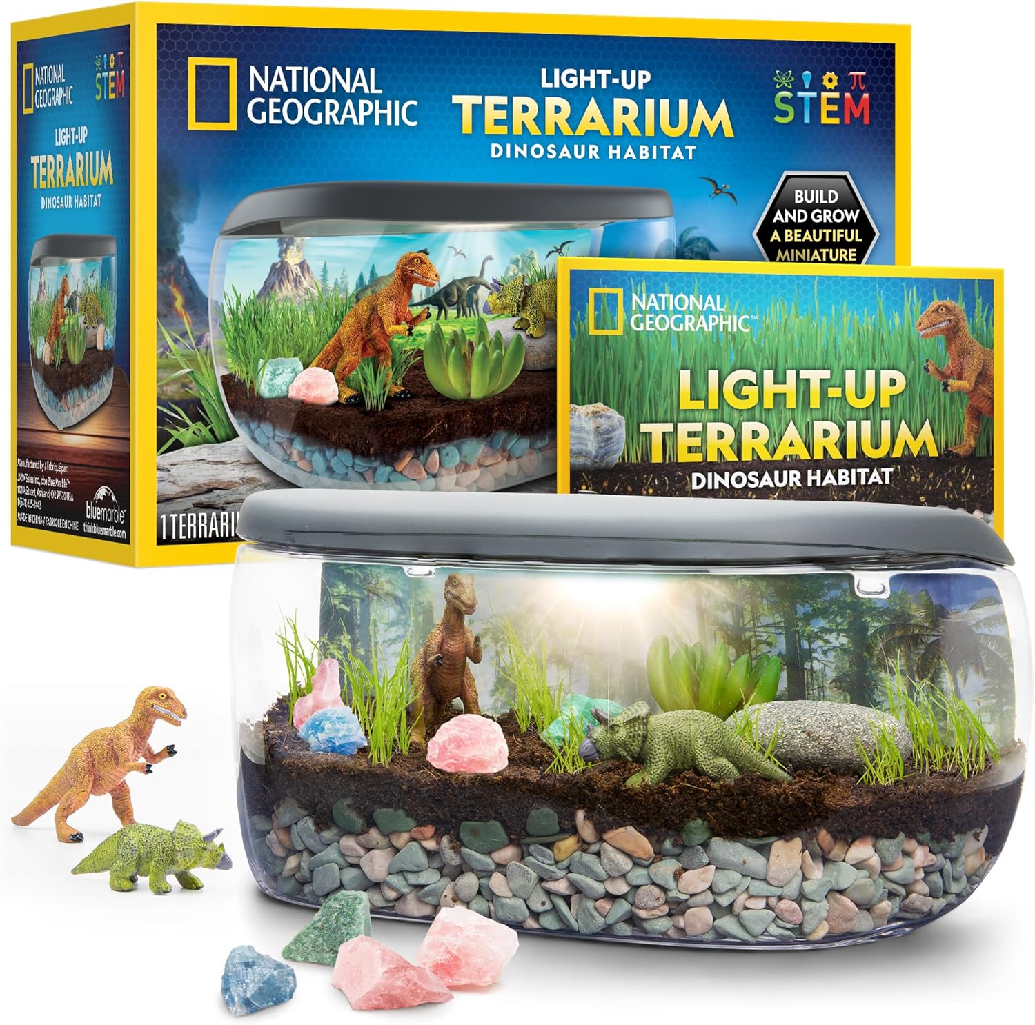 NATIONAL GEOGRAPHIC Light Up Terrarium Kit for Kids – Build a Dinosaur Habitat with Real Plants & Gemstones, Science Kit Gift for Boys & Girls, Dinosaur Toys for Kids (Amazon Exclusive)