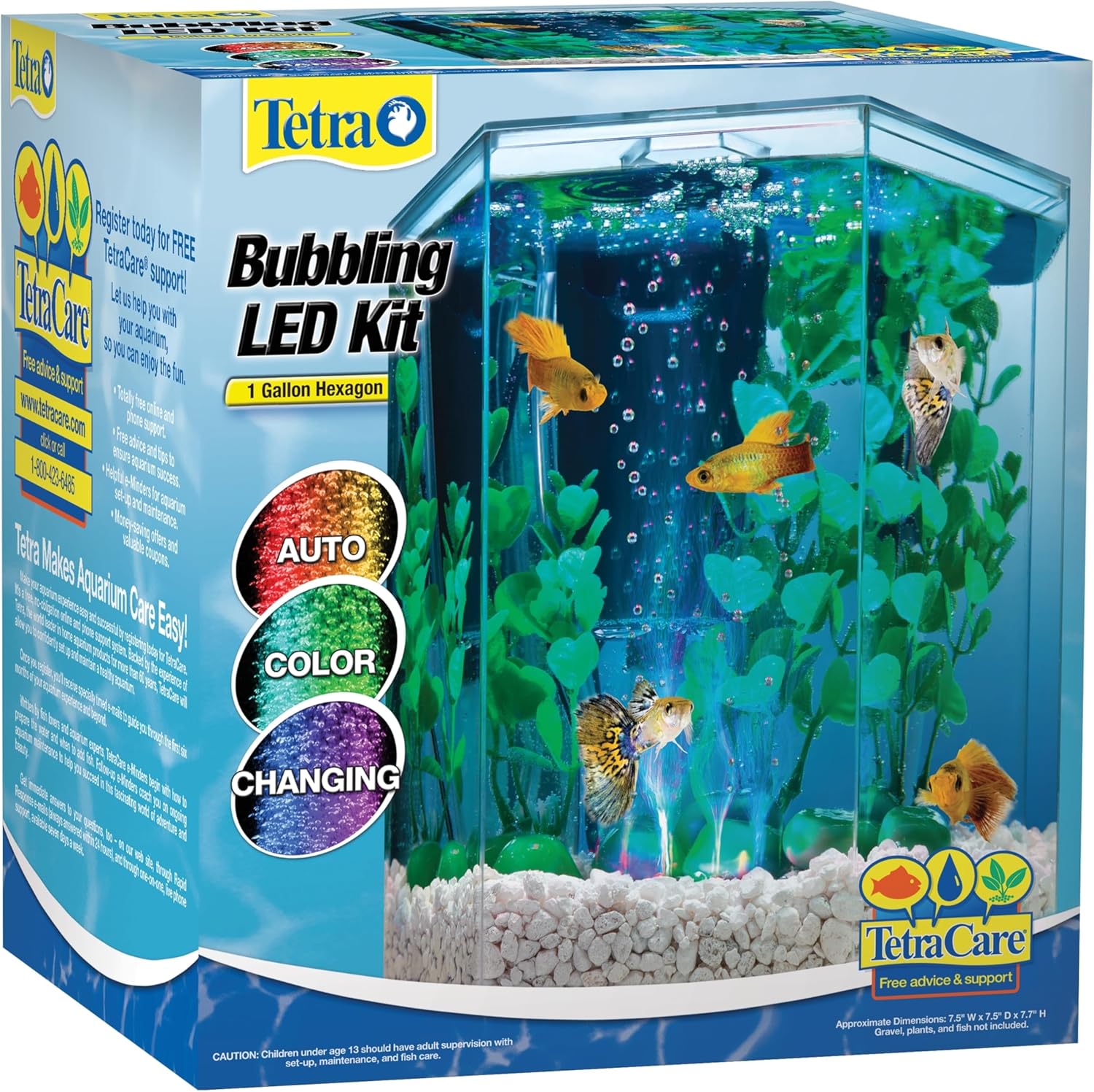 Tetra Bubbling LED Aquarium Kit 1 Gallon, Hexagon Shape, With Color-Changing Light Disc