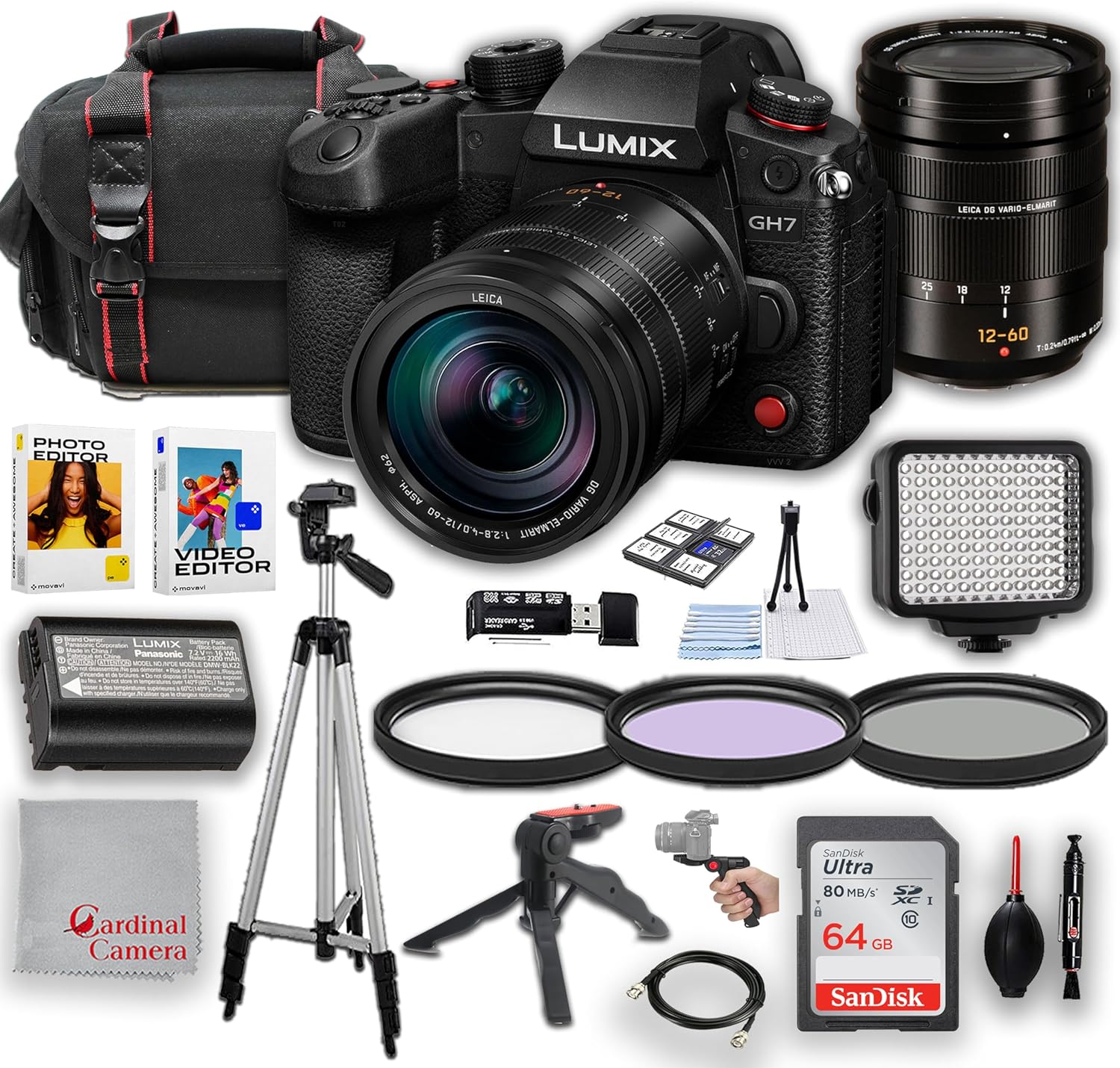 Panasonic Lumix GH7 Mirrorless Camera with Panasonic Leica 12-60mm Lens | 25.2MP | LED Square Light, 64GB Extreme Memory, 50 Inch Tripod, Case & More