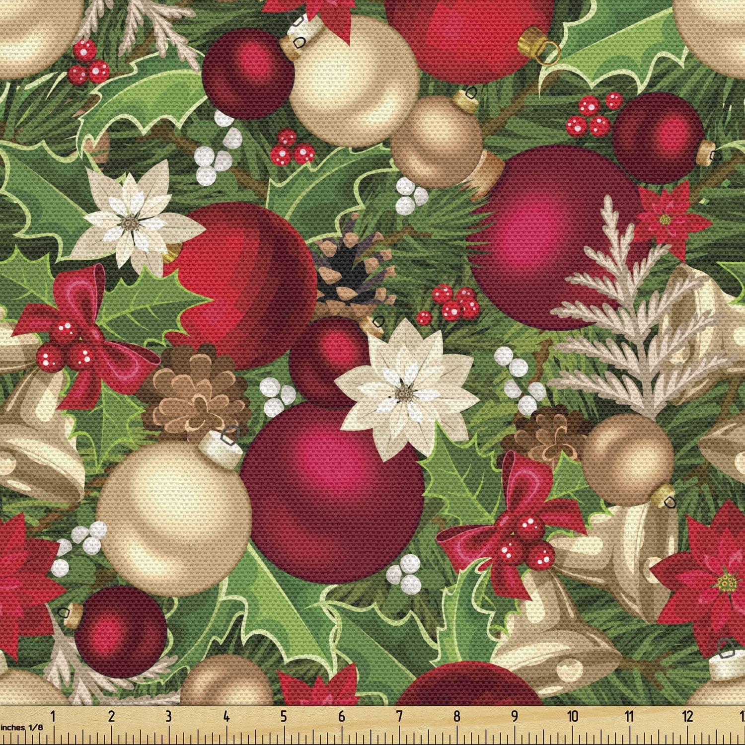 Ambesonne Christmas Fabric by The Yard, Tree Branches Spruce Leaves Balls Bells Cones Poinsettia Flowers Mistletoe Berry, Decorative Fabric for Upholstery and Home Accents, 2 Yards, Ruby Green