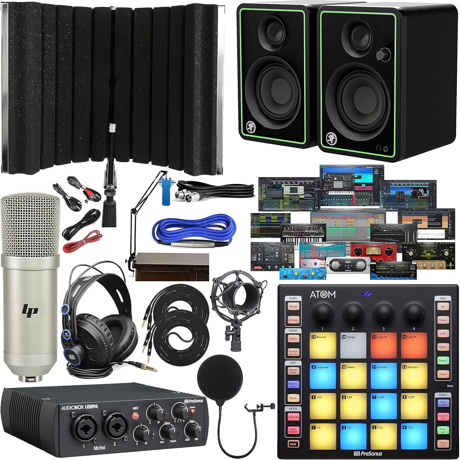 Presonus AudioBox 96 USB Audio/MIDI Interface with Newest Version Software Pack with CR3-XBT Multimedia Bluetooth Monitors, ATOM MIDI Pad Controller, Boom Arm + Headphones & Isolation Recording Shield